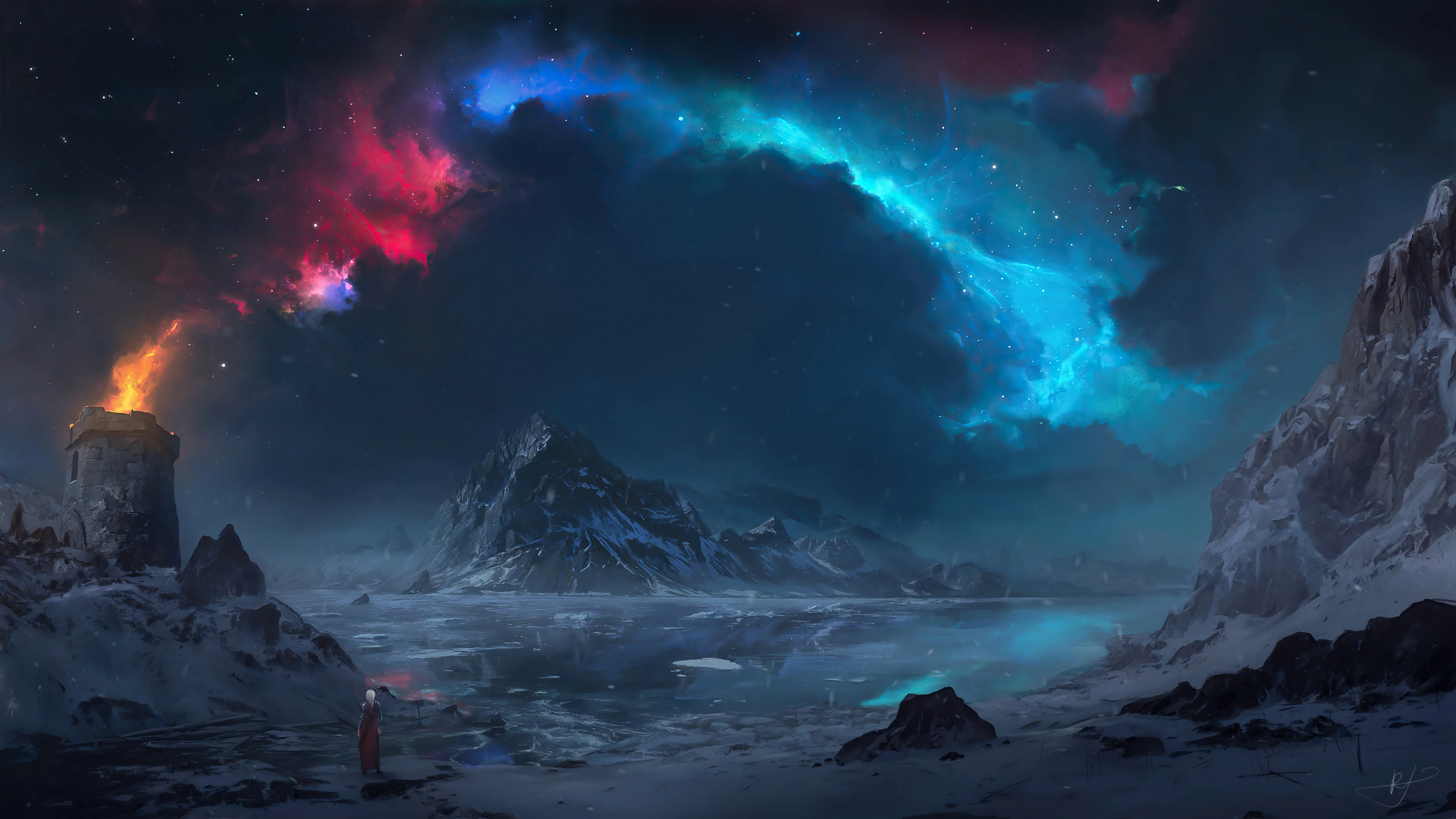 Person looking at tower scenery in the mountains Artwork Wallpaper 4K for Desktop
