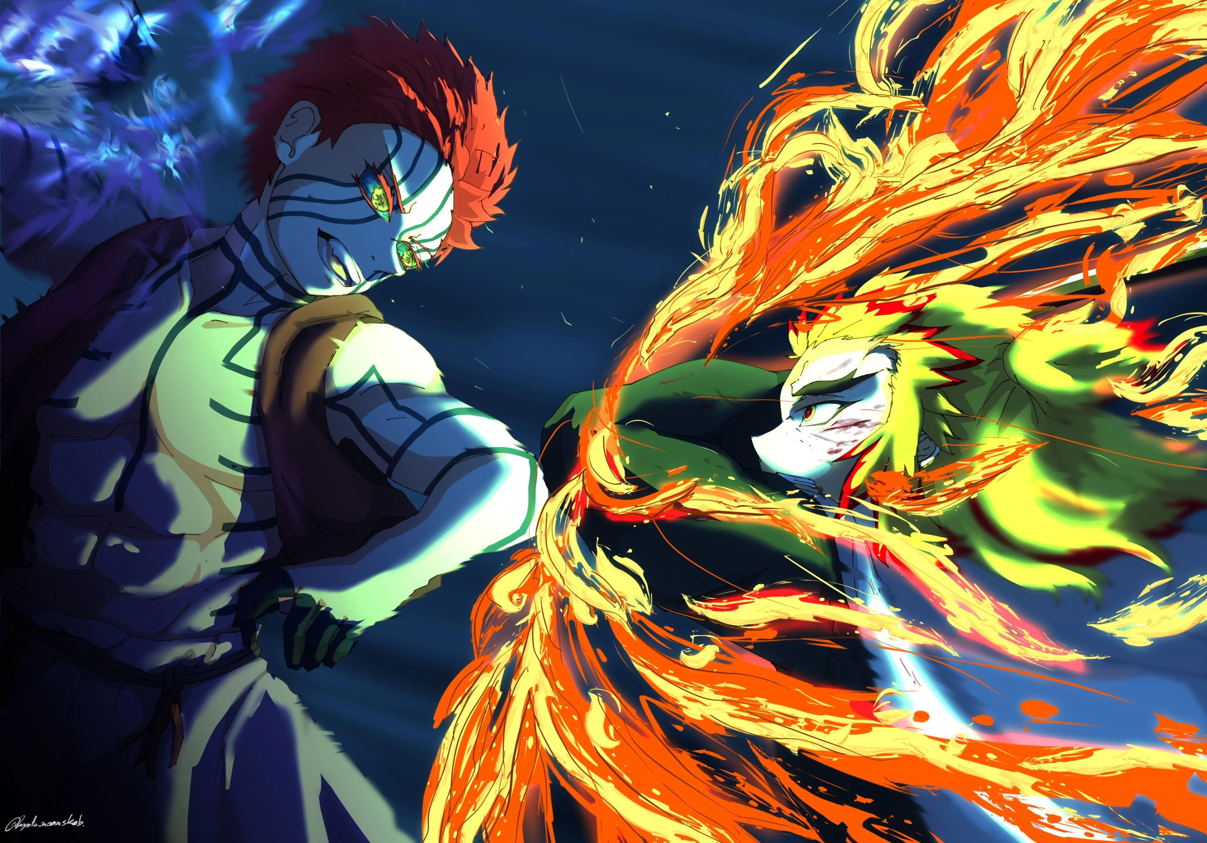 Kyojuro Rengoku VS Akaza HD Demon Slayer: Kimetsu no Yaiba Wallpaper, HD Anime 4K Wallpaper, Image and Background