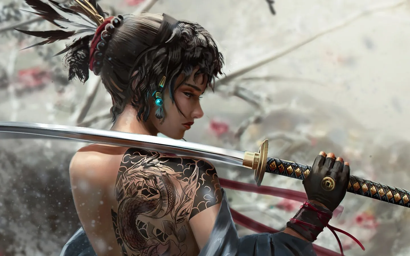 Samurai girl with a katana in her hand Desktop wallpaper 1440x900