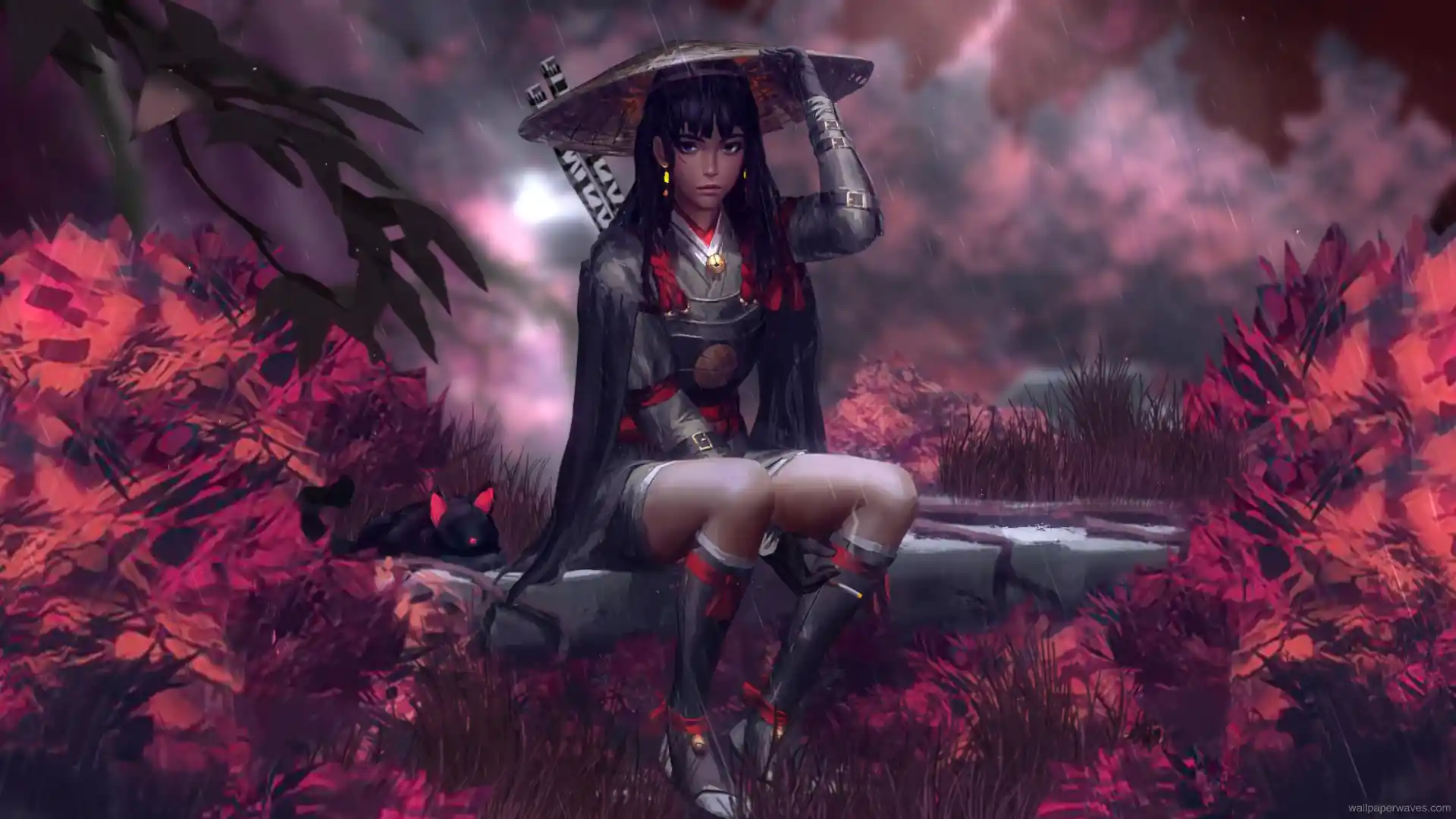 Samurai Girl In The Rain Live Wallpaper