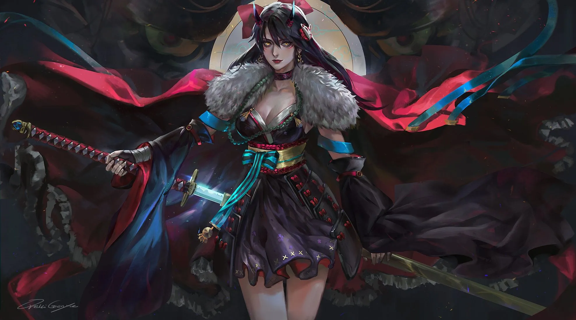 Desktop wallpaper: Samurai, Fantasy, Demon, Black Hair, Katana, Sword, Weapon, Woman Warrior 4K free download for PC. 975429