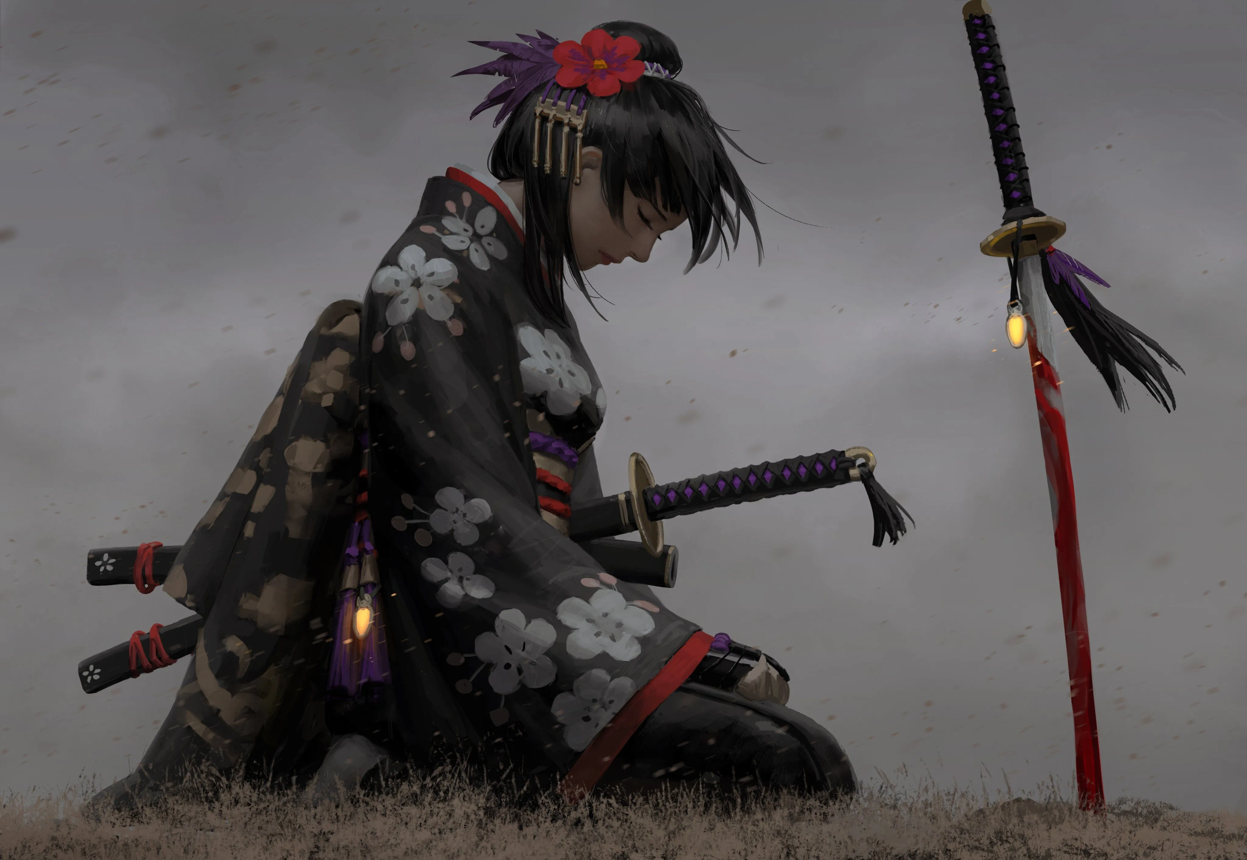 Desktop wallpaper: Katana, Anime, Original, Black Hair, Hair Ornament, Kimono, Short Hair, Sword 4K free download for PC. 905632