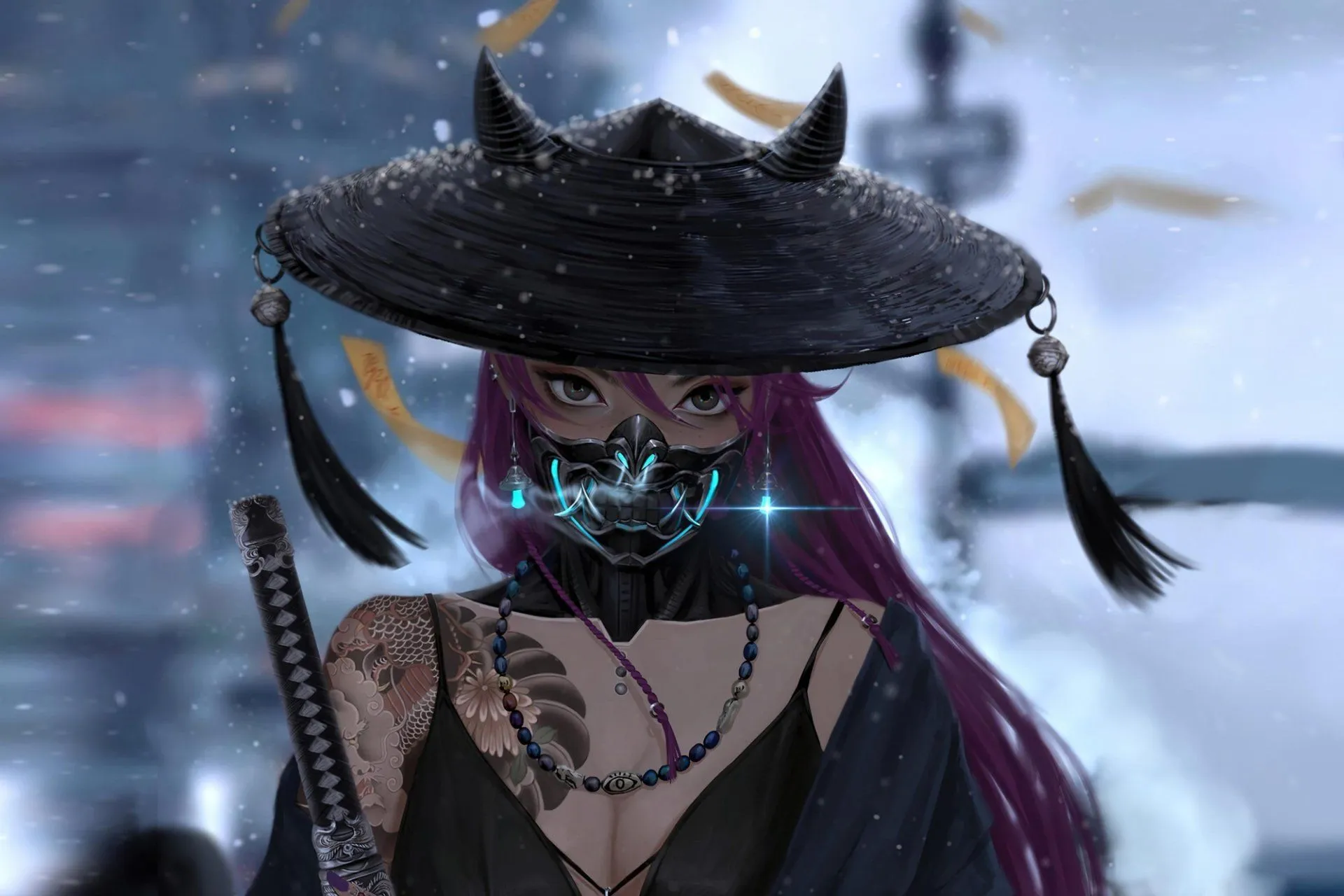 Mystic Anime Samurai Girl in Masked Hat