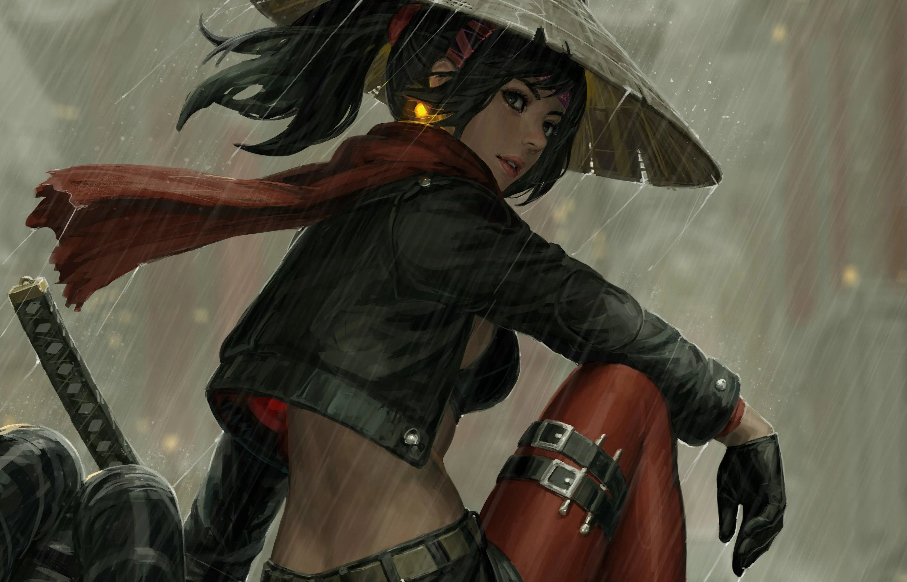 Desktop wallpaper: Woman Warrior, Samurai, Asian Conical Hat, Rain, Fantasy, Black Hair, Glove, Ponytail 4K free download for PC. 899226