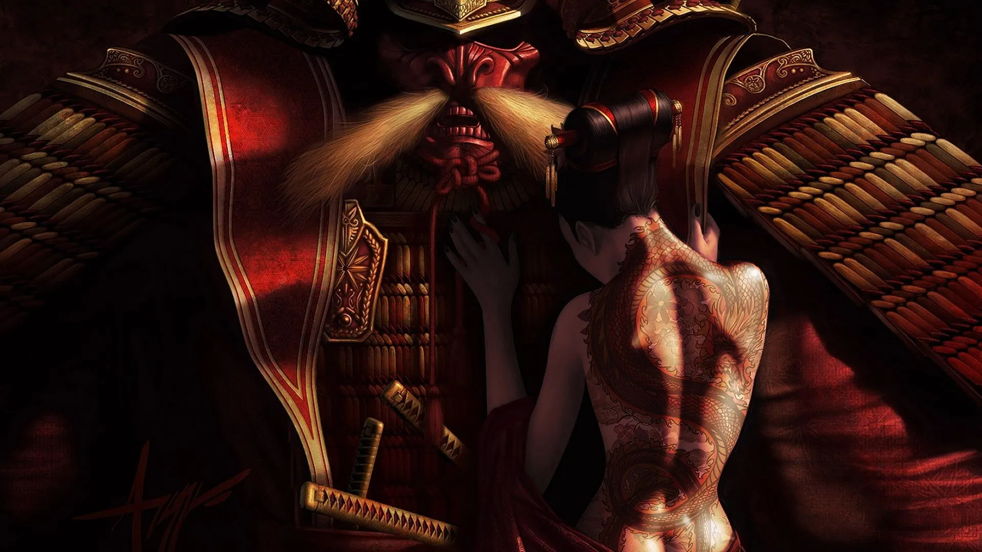 Woman with black back tattoo leaning on red samurai suit HD wallpaper