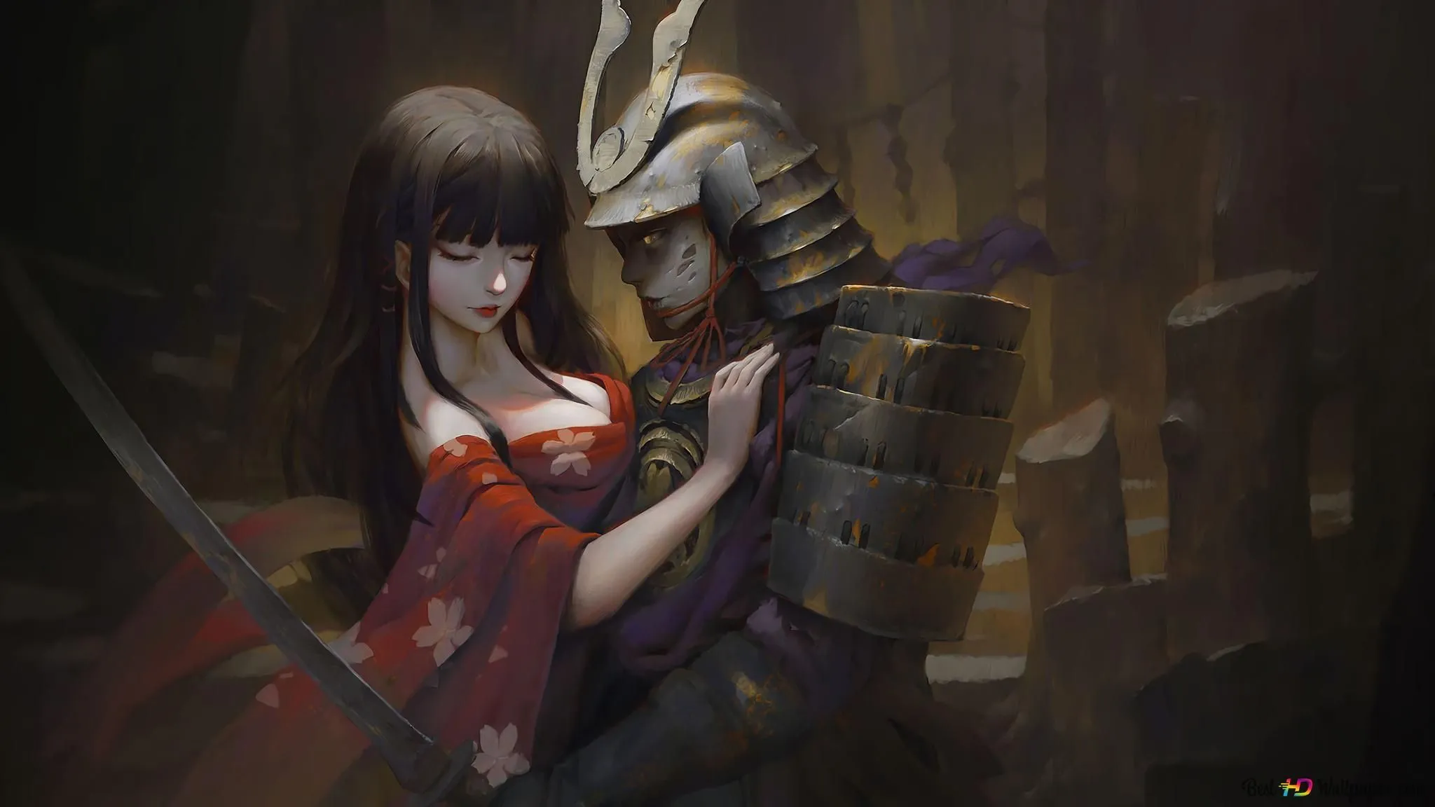 Girl & Samurai 4K wallpaper download