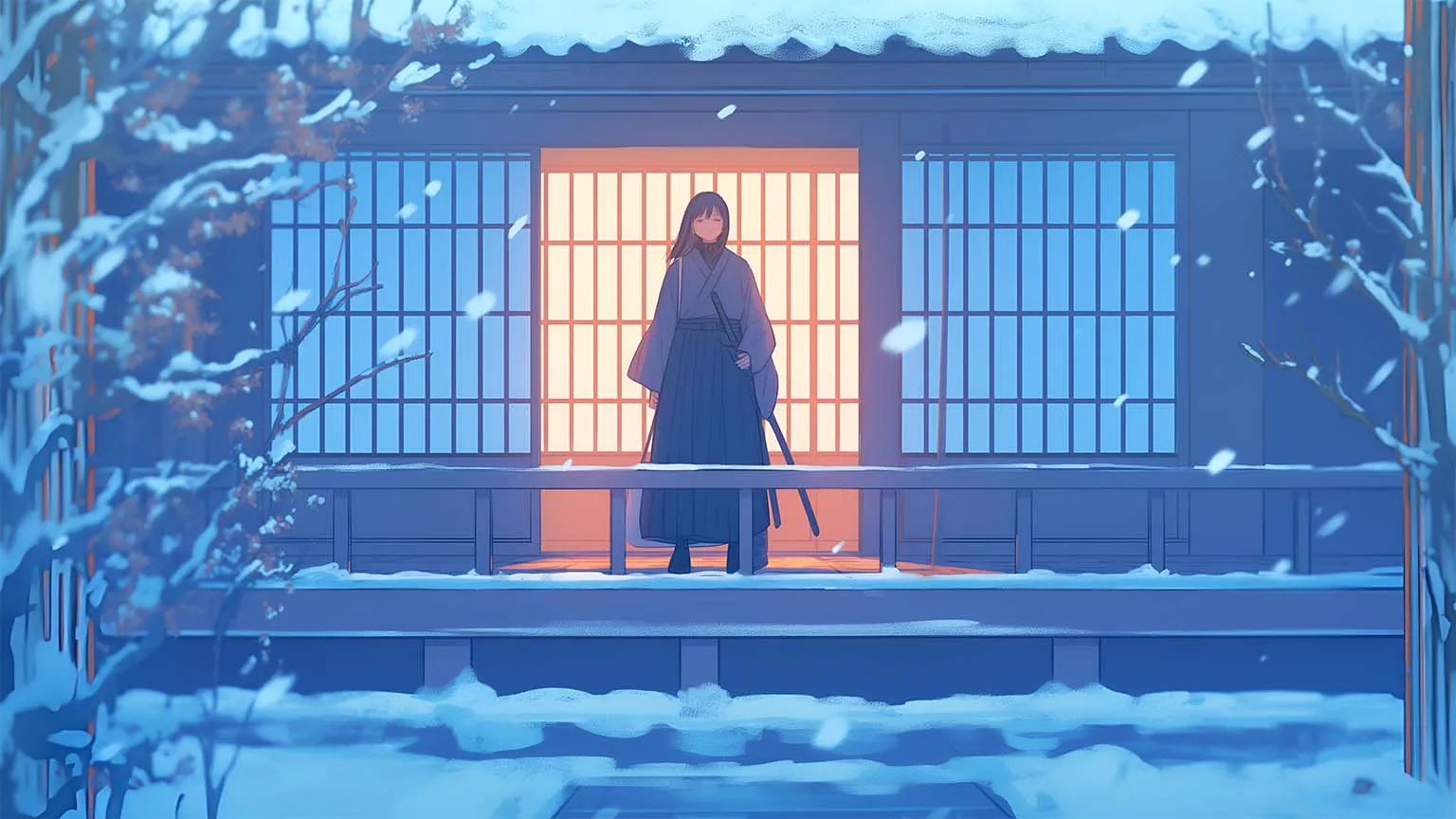 Samurai Girl with Katana Winter Desktop Wallpaper