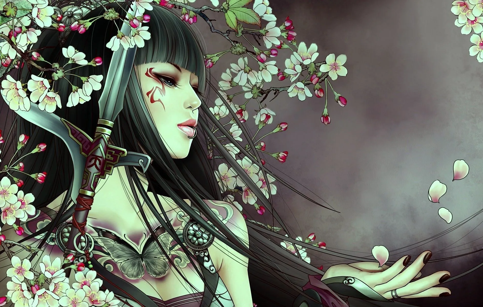 Samurai girl with tattoo Desktop wallpaper 600x1024