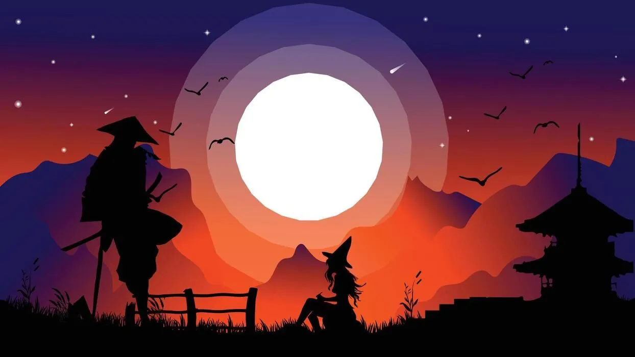 kunoichi samurai girl japan wallpaper 4K desktop. samurai and witch background. sunset vibe and full moon. landscape view illustration vector background