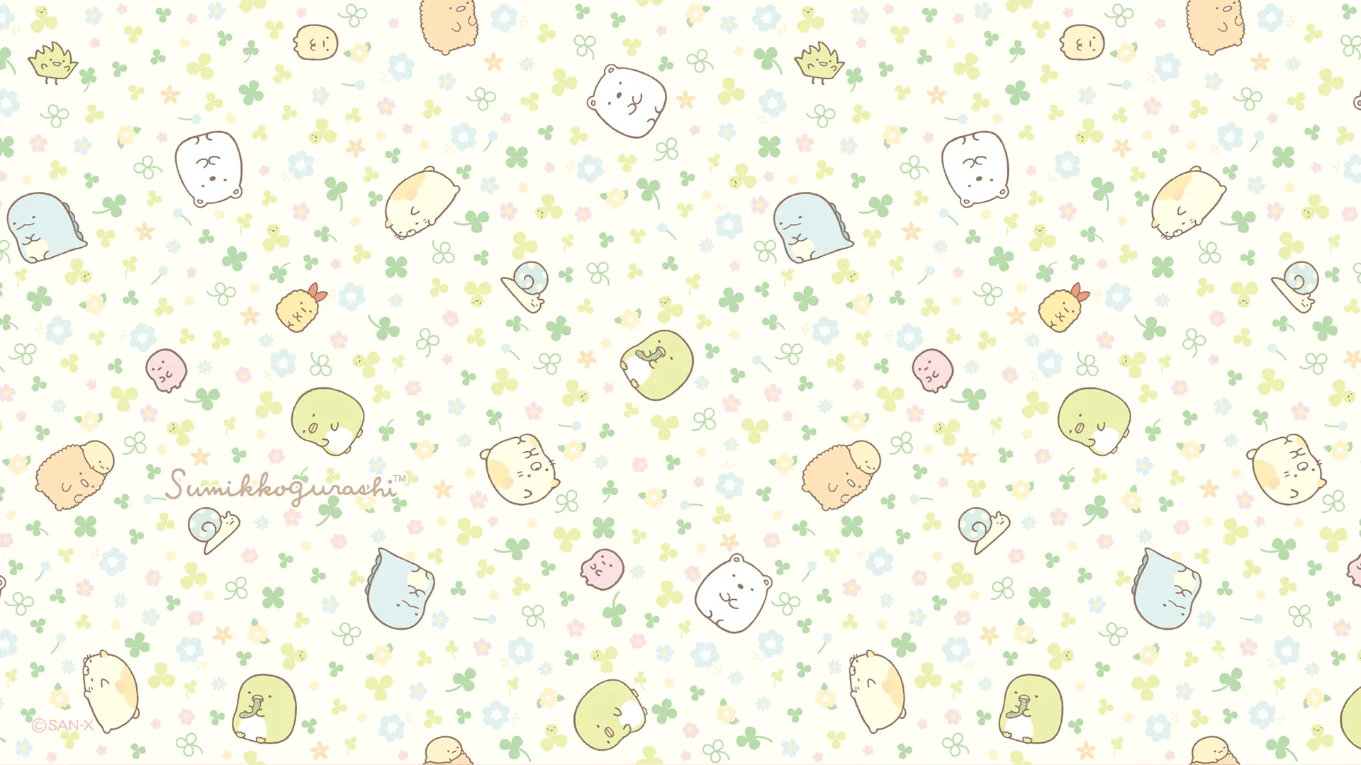 Sumikko Gurashi Green Clover Pattern Wallpaper
