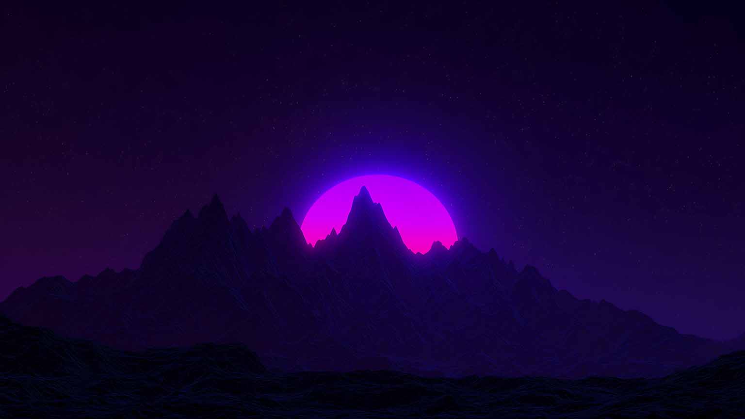 Synthwave Mountains Purple Sun Glow Desktop Wallpaper