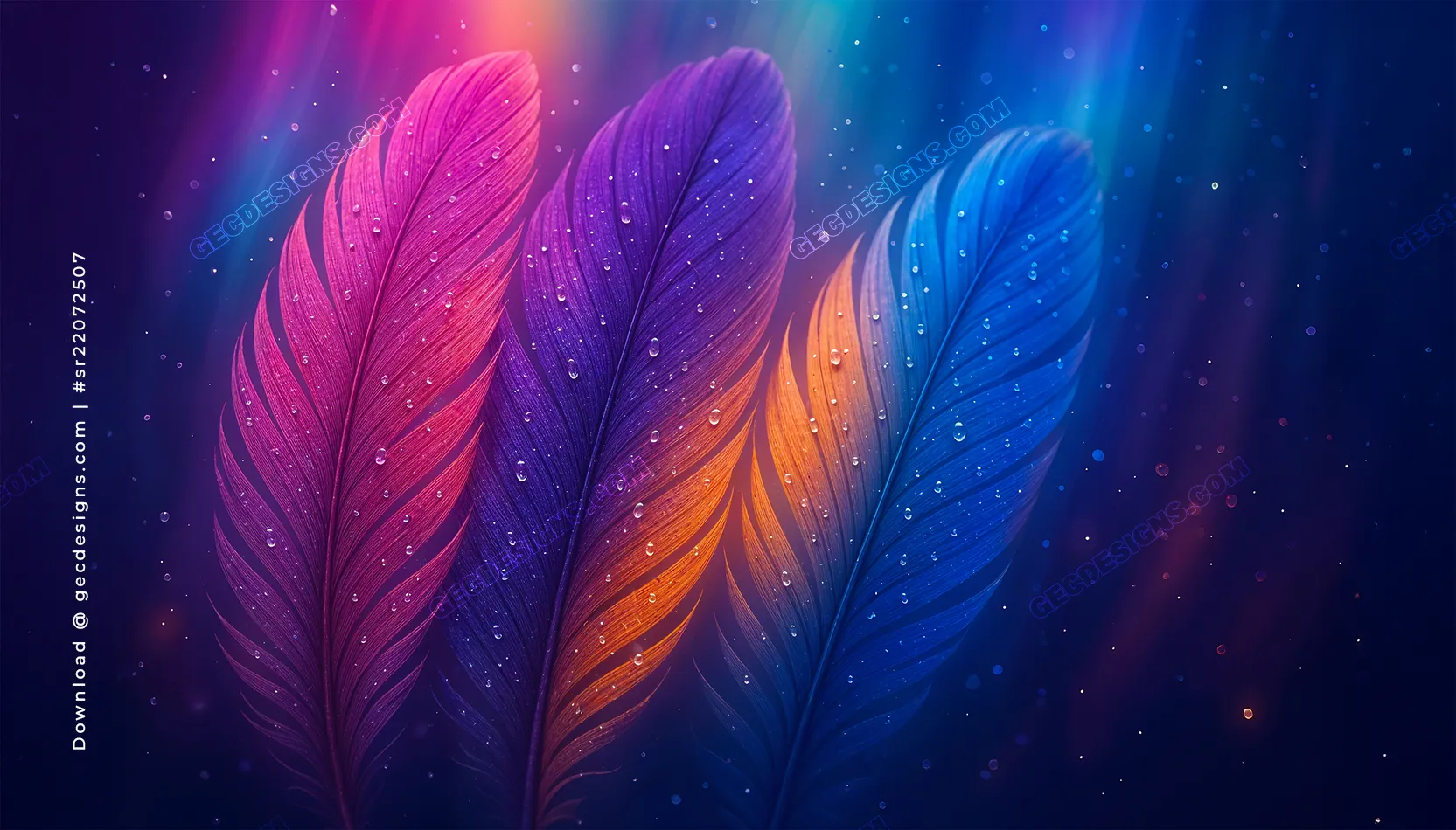 Colorful Gradient Feather Desktop Wallpaper with Water Droplets and Abstract Glow