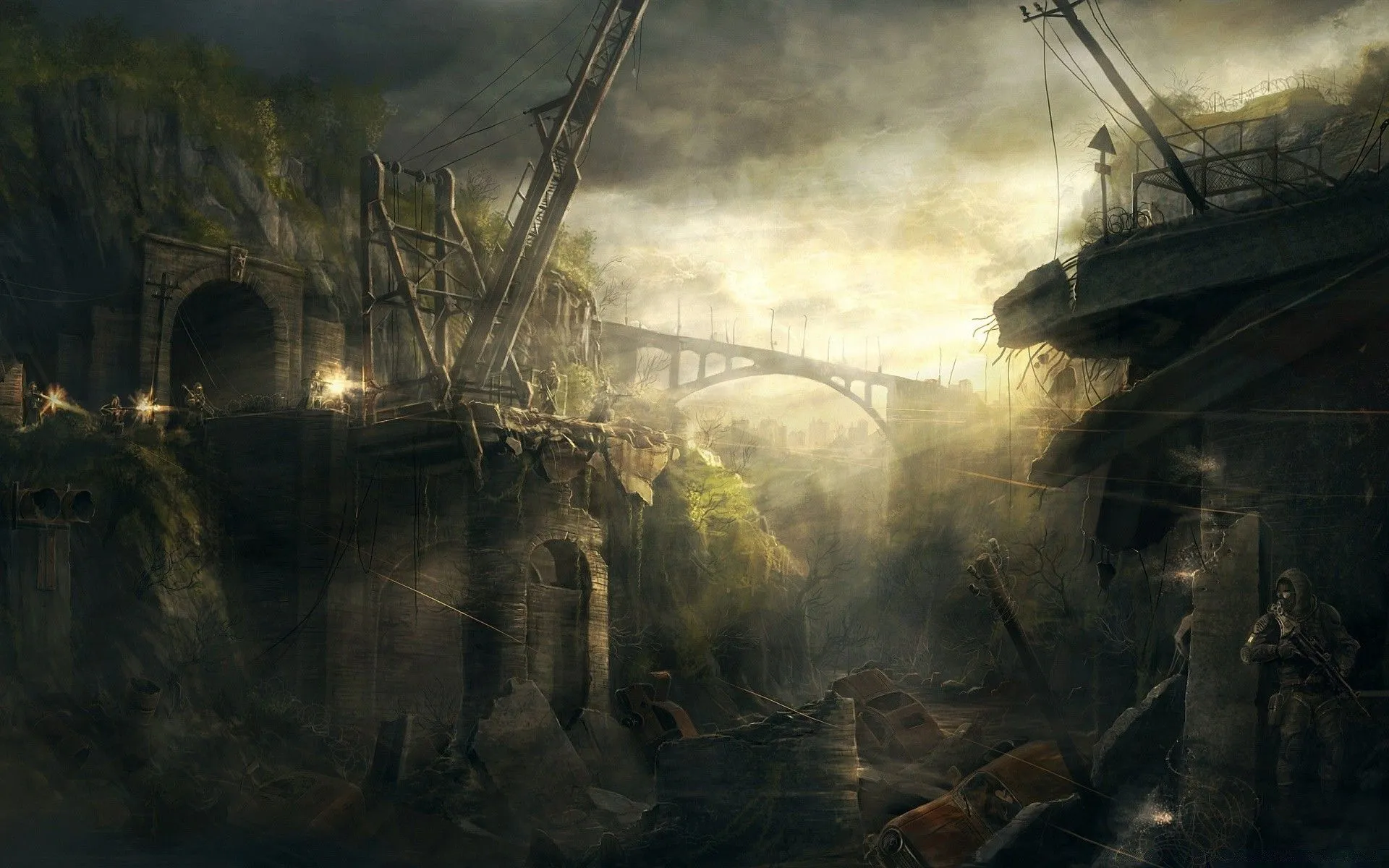 Gloomy ruined grey medieval bridge
