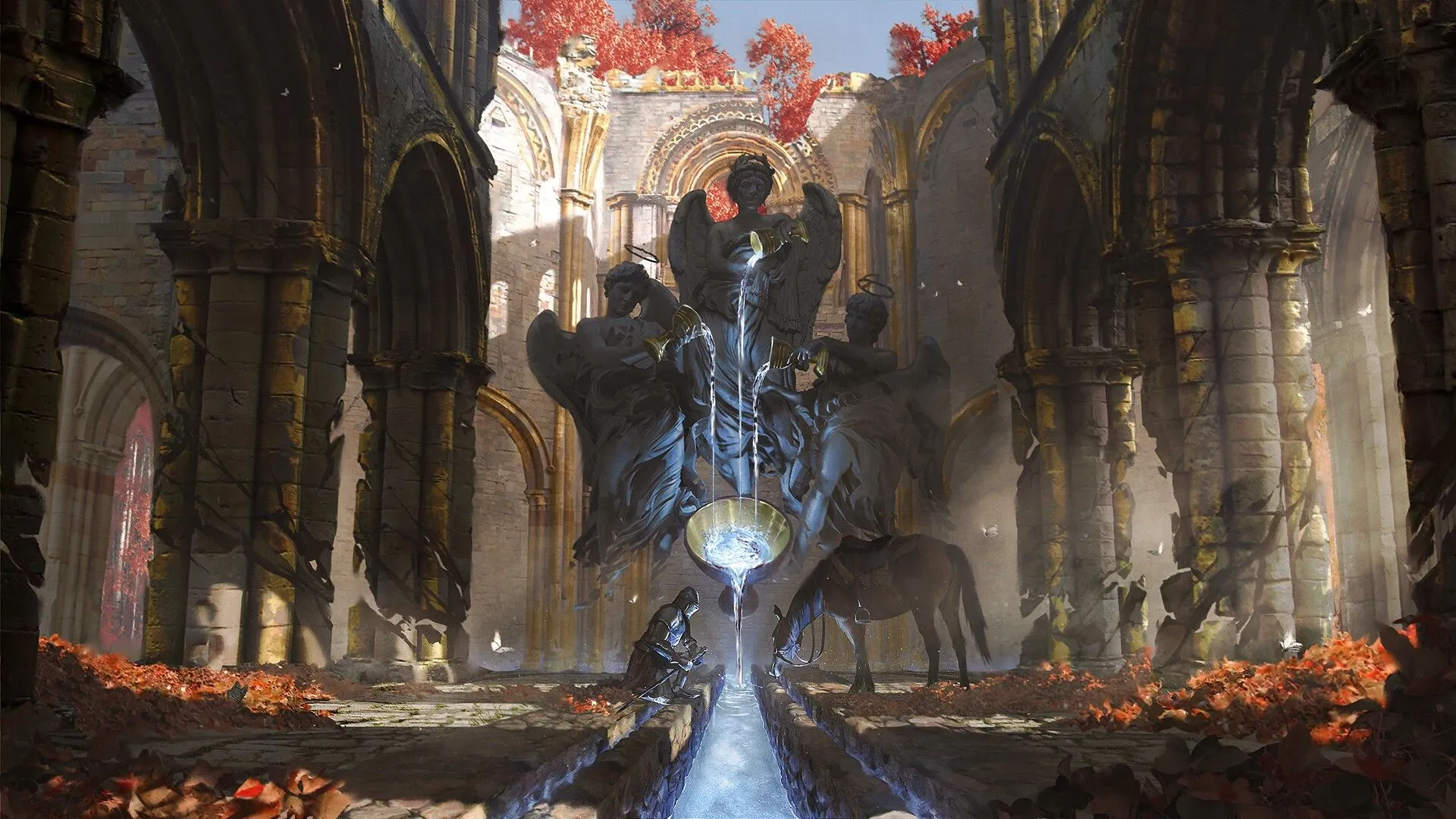 Ruined Medieval Church With Angel Fountain And Knight, HD Wallpaper