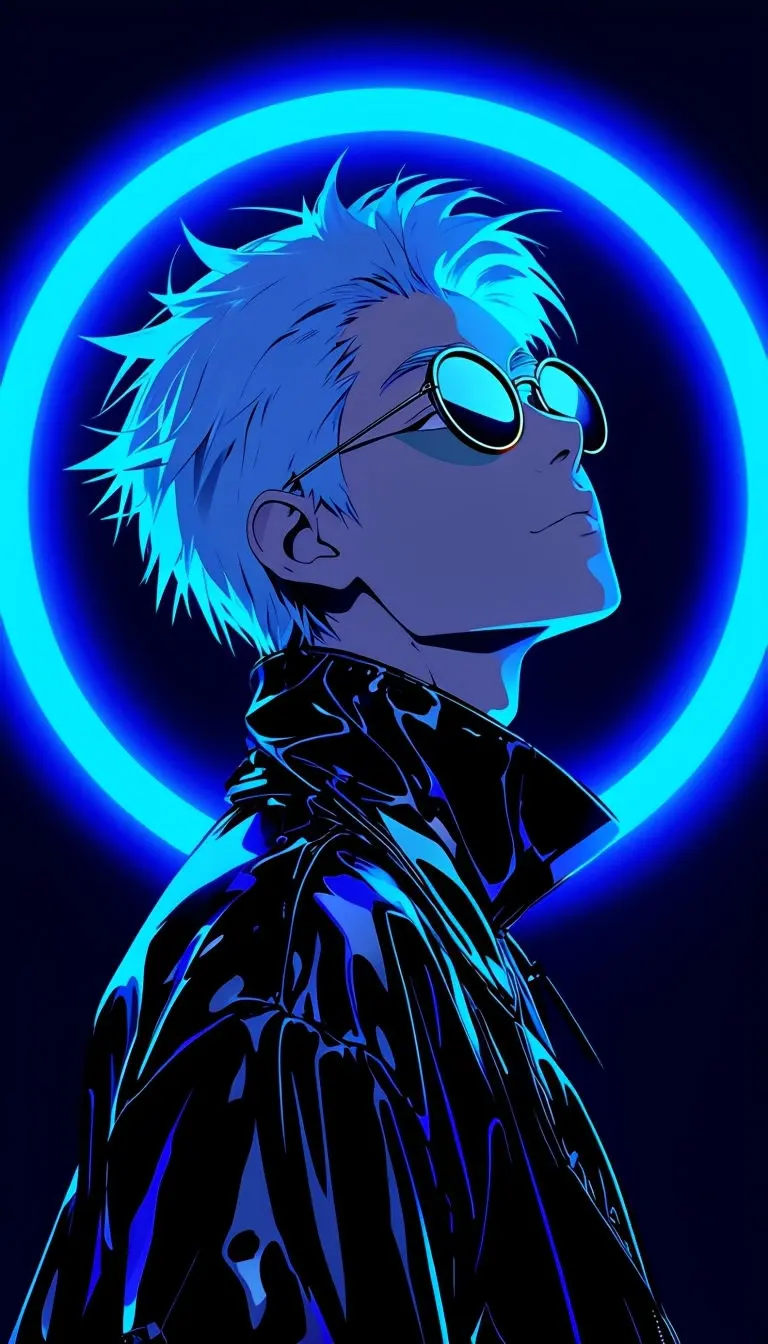 Anime Character with Glowing Blue Hair and Neon Background Mobile Wallpaper