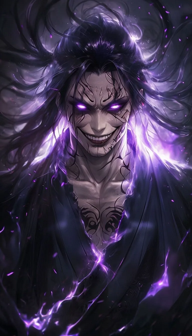 Sinister Dark Fantasy Anime Character with Glowing Purple Eyes Mobile Wallpaper