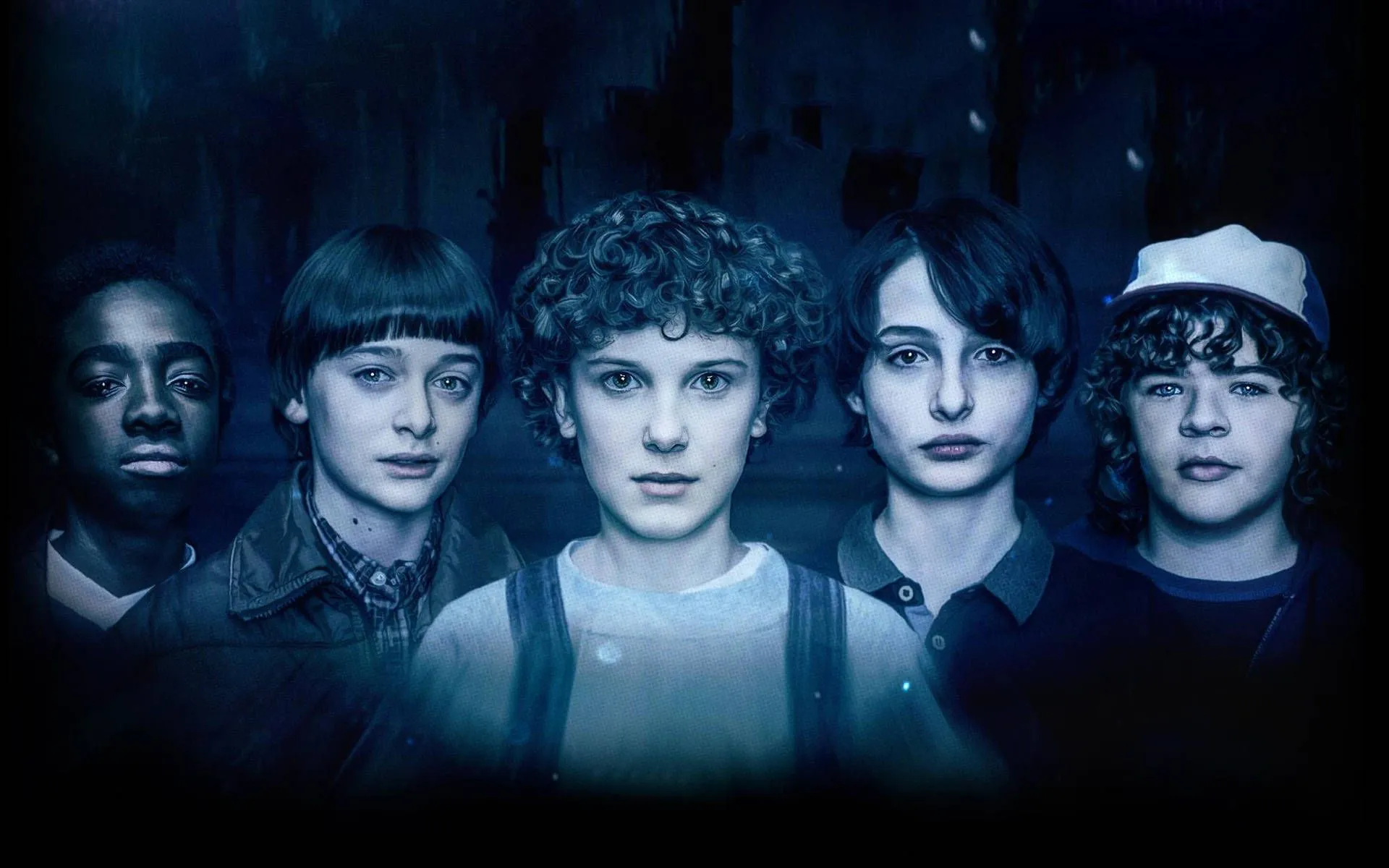 Download Stranger Things Cast Dark Blue Wallpaper