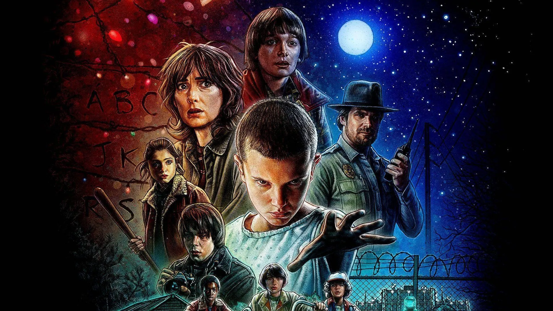 Download Stranger Things Cast Red And Blue Wallpaper