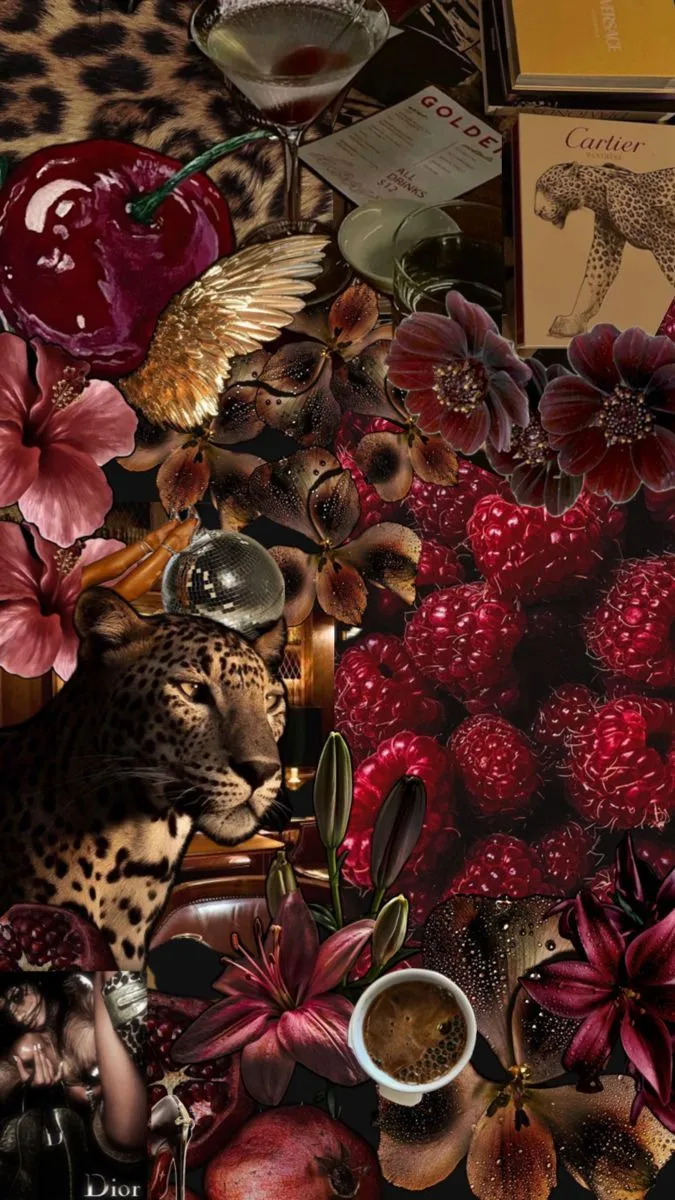 Aesthetic dark red cherry fantasy leopard collage iPhone iPad wallpaper. Red collage aesthetic, Black and red collage, Cherry red and black aesthetic wallpaper