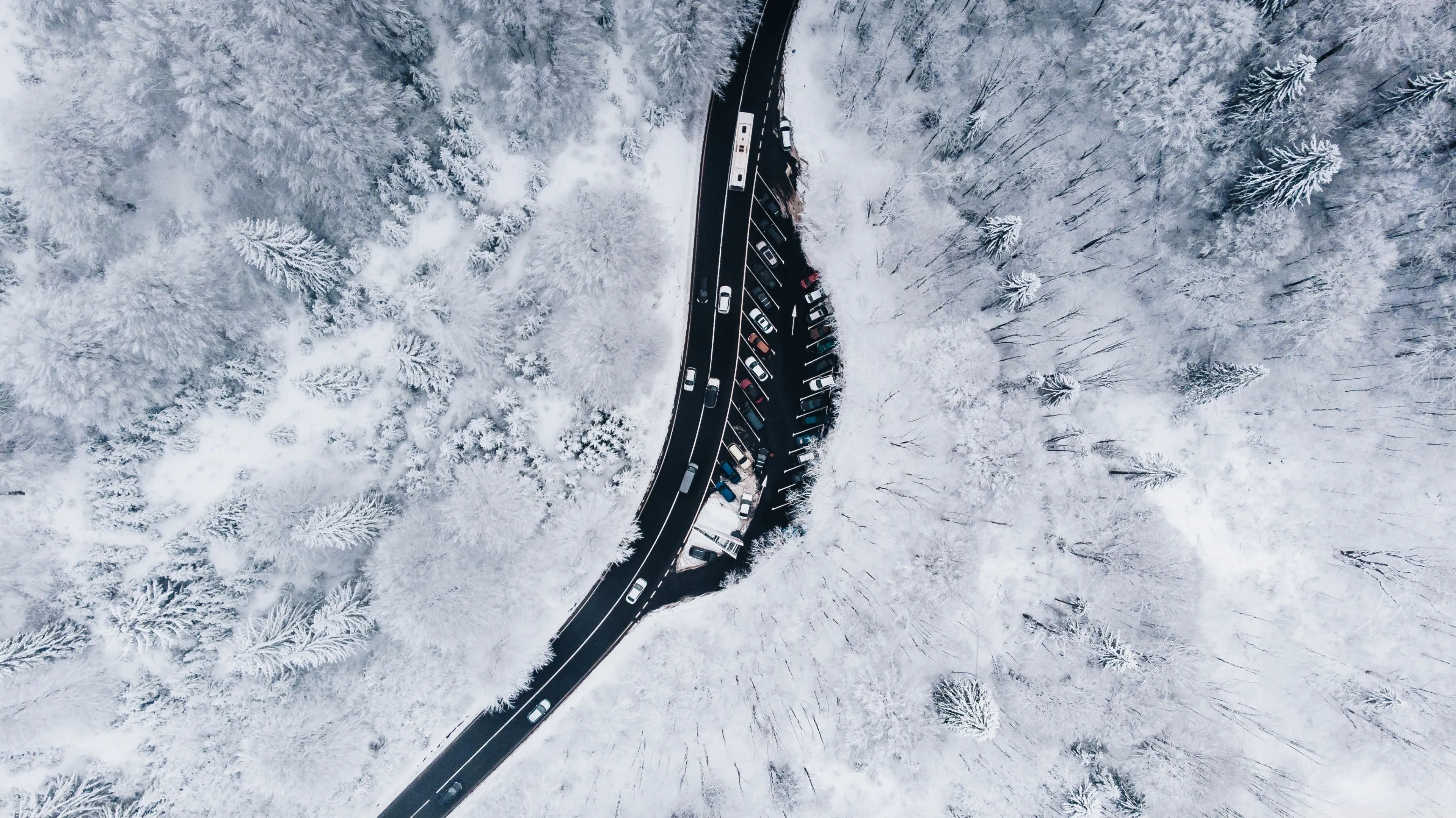 Winding Road, Winter, Snowy Trees, Aerial View 4K UHD Wallpaper for UltraHD Desktop and TV, Widescreen and UltraWide Display, Smartphone and Tablet Devices