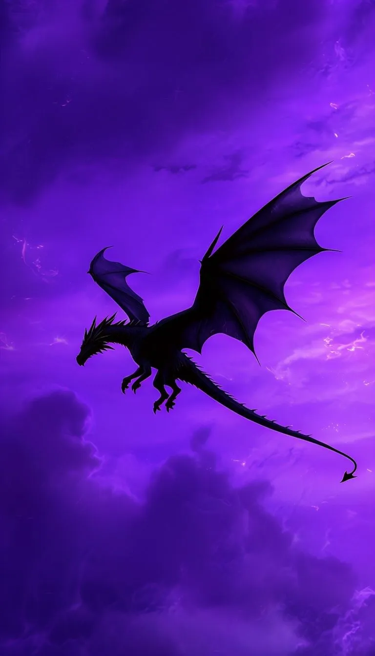 Majestic Black Dragon Flying in Ethereal Purple Sky Mobile Wallpaper