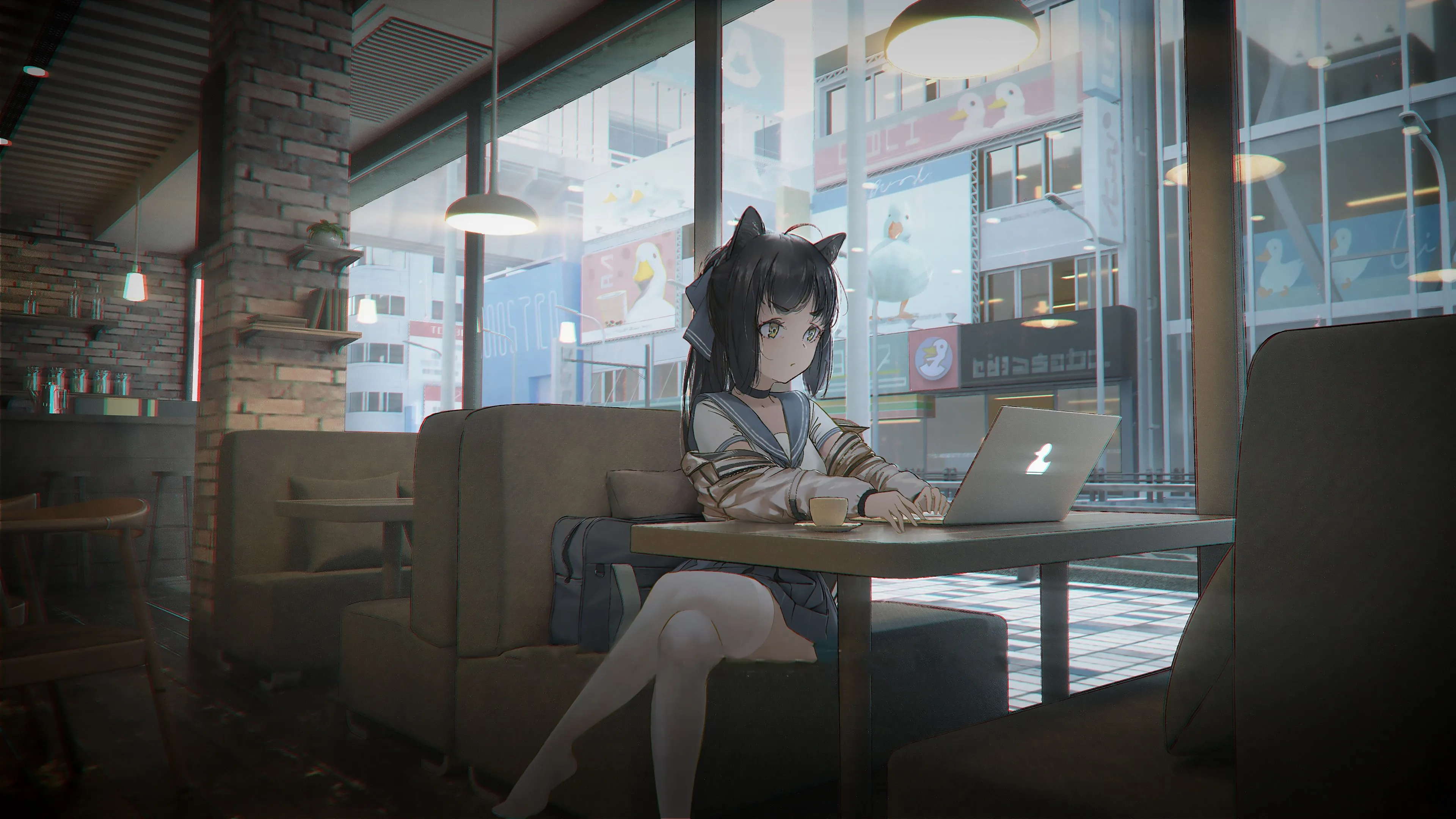 4K Anime Girl In School Uniform At Cafe With Laptop HD Wallpaper