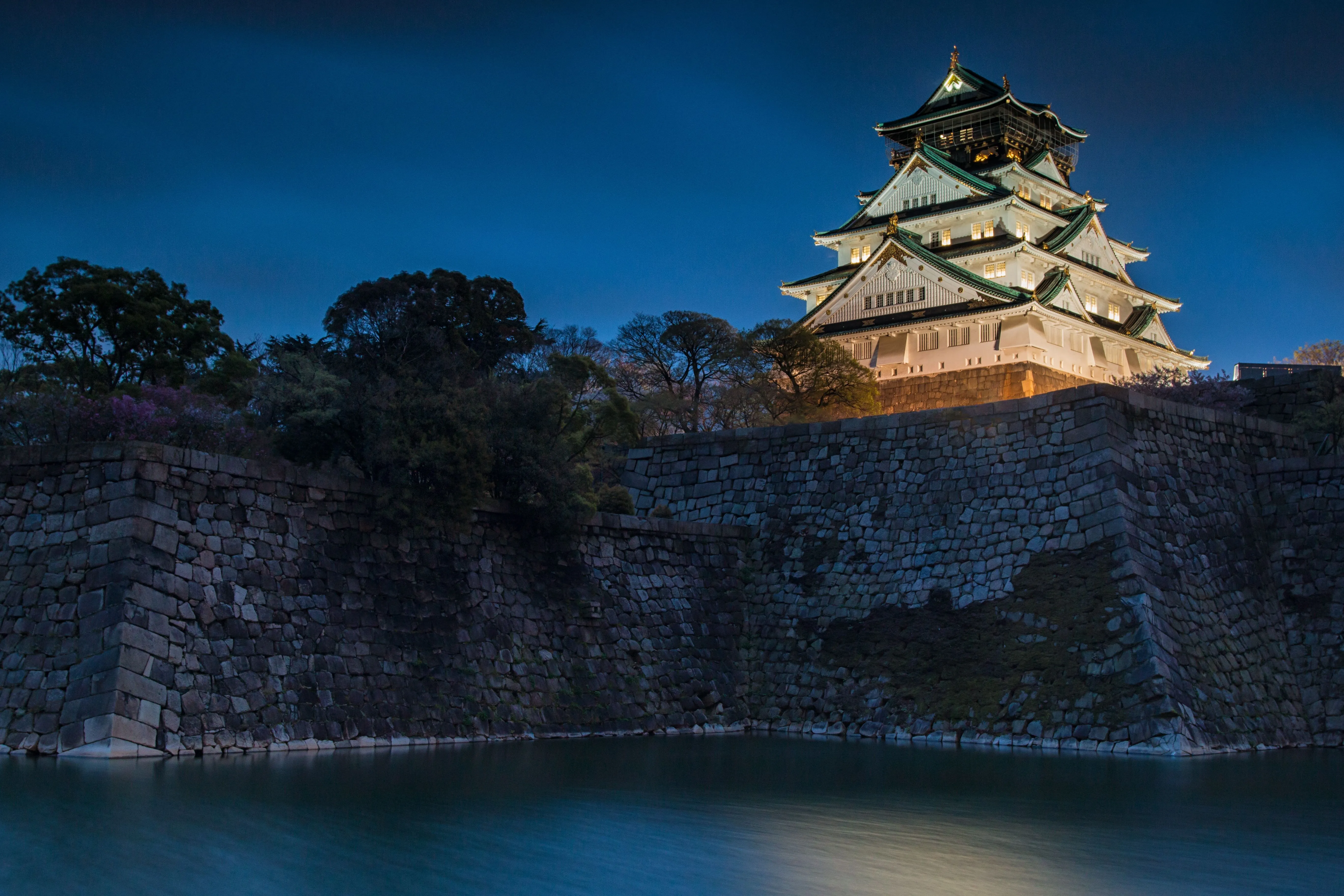 Wallpaper water, night, castle, Japan, Japan, Osaka, Osaka, ditch for mobile and desktop, section город, resolution 5472x3648