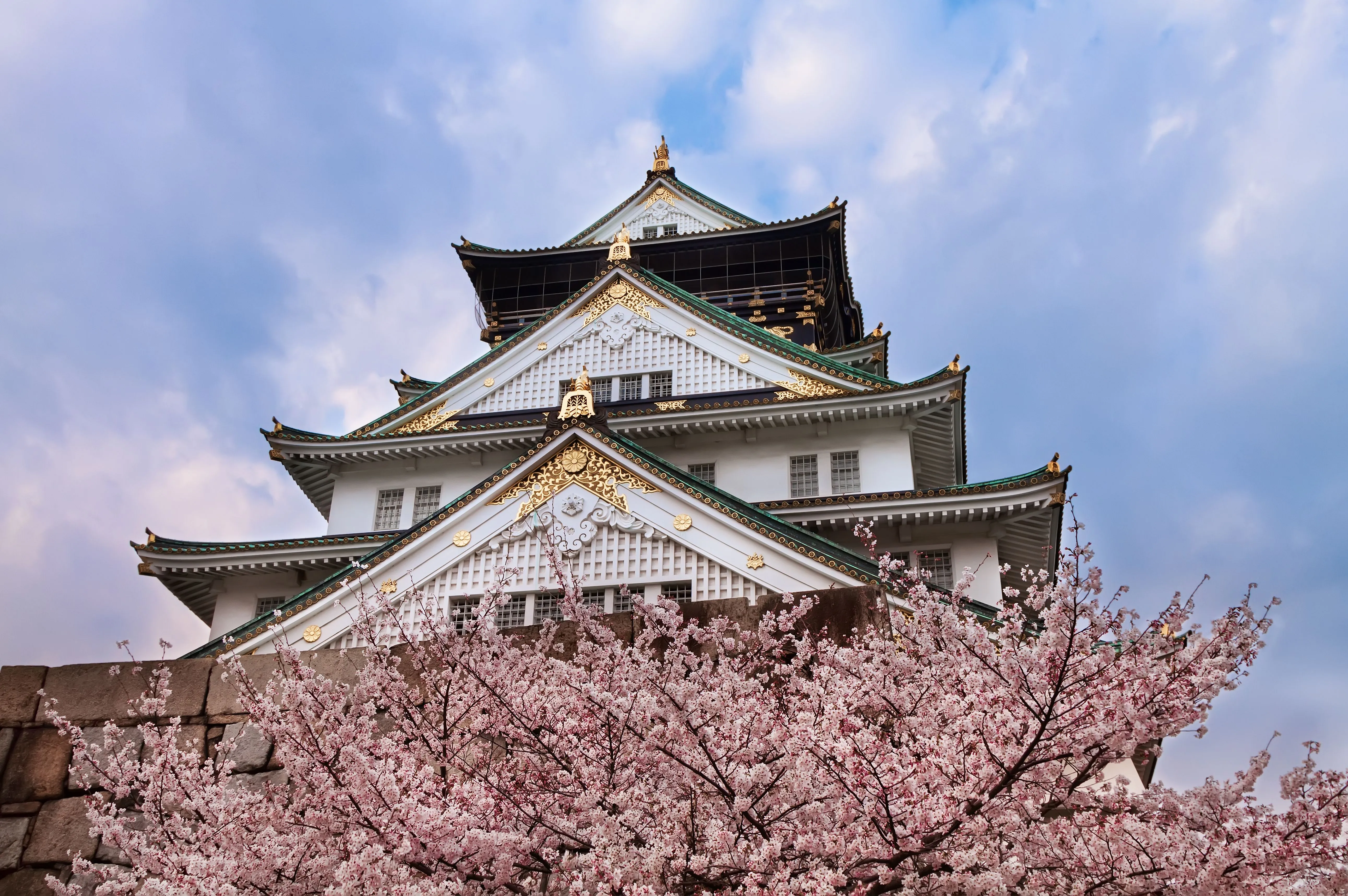 Osaka Castle Skyline: Majestic Japan in 8K Ultra HD with Clouds and Branchesx6272