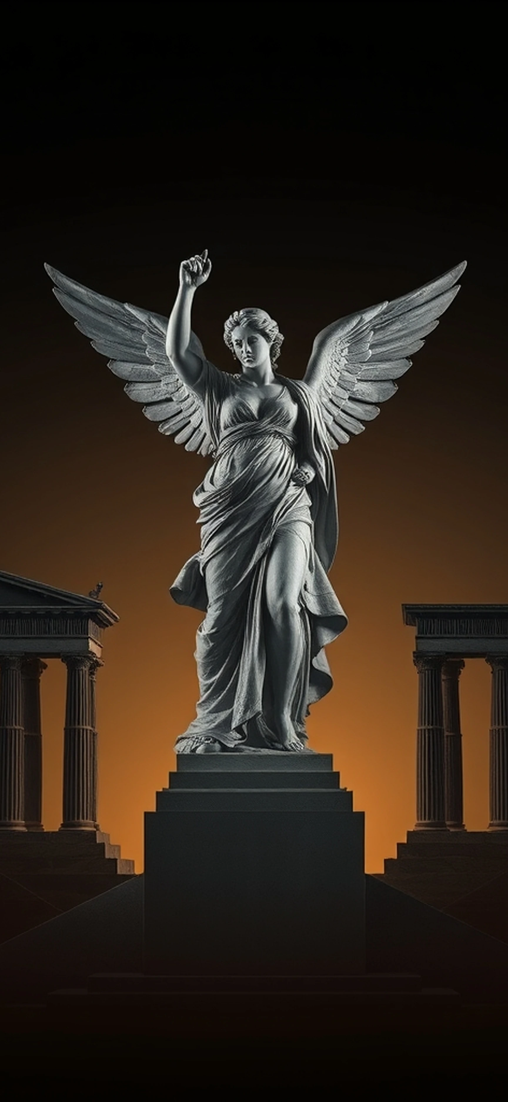 Greek Statue, With Dark Aesthetic Backgroud. Have A Grunge Feeling. The Statue Is In The Middle Like An Angel And Surrounding It Are Greek Monument