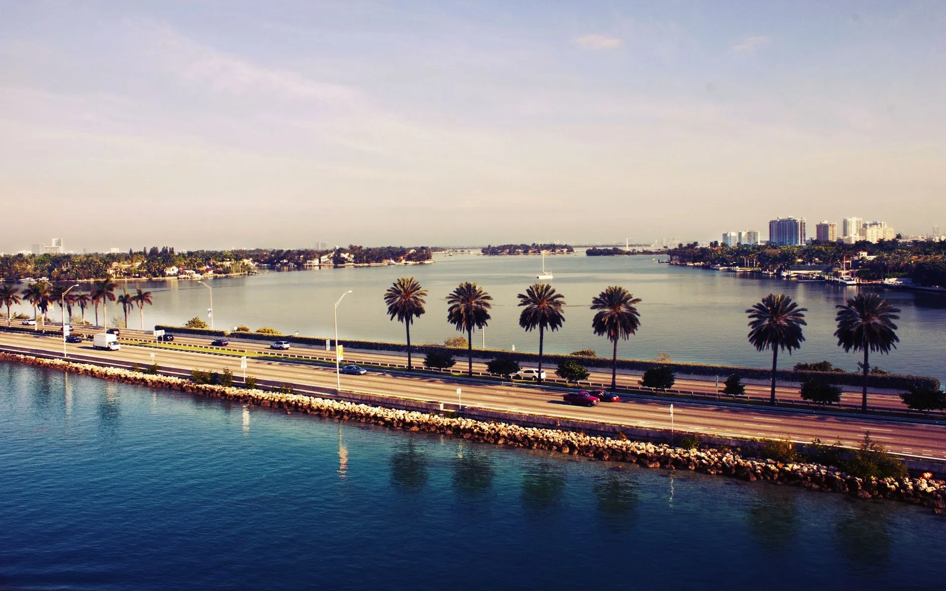 Wallpaper Miami, Florida, USA, sunset, water, road, city 1920x1200 Picture, Image