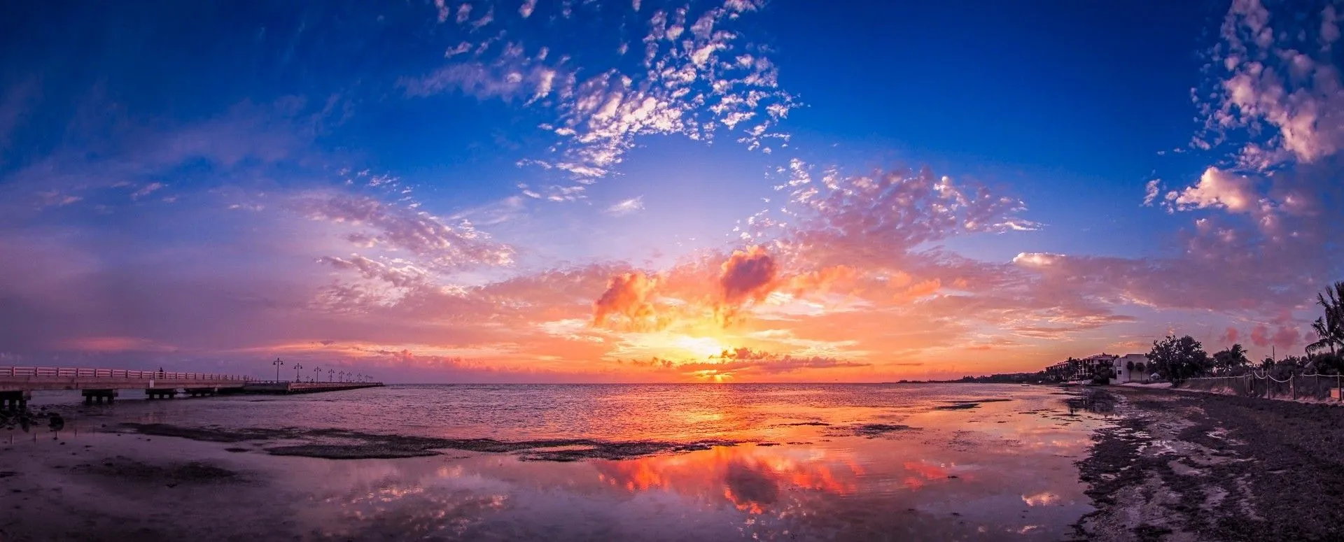 panoramas, Beach, Sunrise, Bridge, Florida, Sea, Clouds, Reflection, Nature, Landscape, Yellow, Blue Wallpaper HD / Desktop and Mobile Background