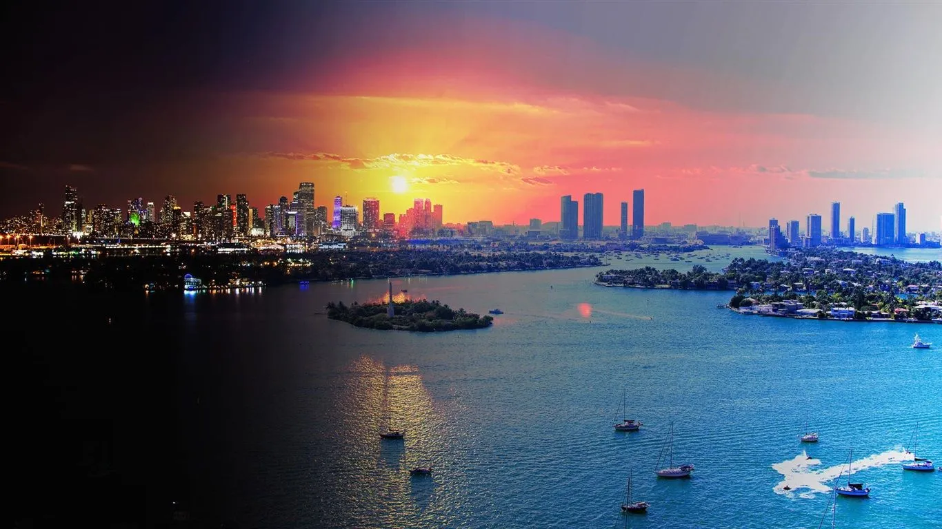 Wallpaper Miami, Florida, USA, city at sunset, skyscrapers, sea, boats 1920x1080 Full HD 2K Picture, Image