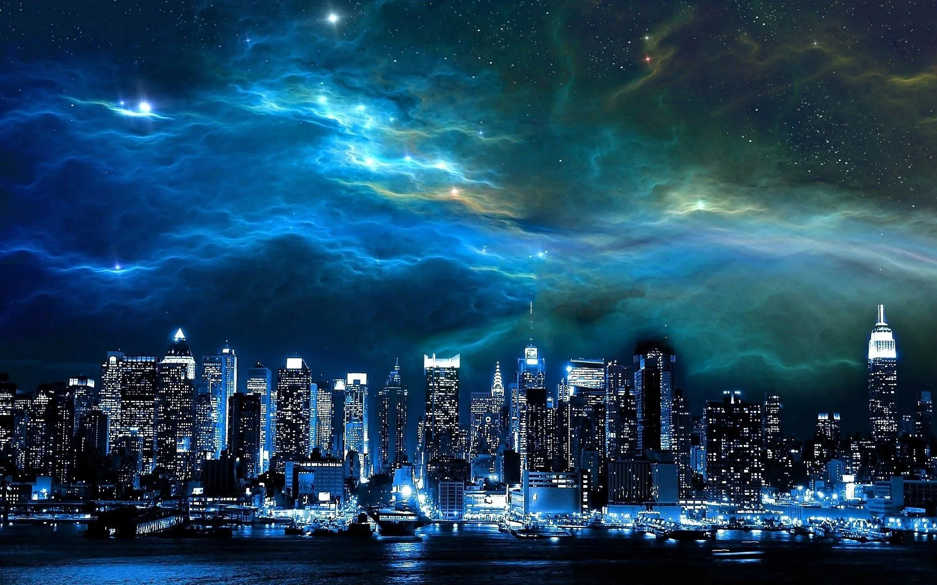 City Lights Beneath a Starry Blue Sky