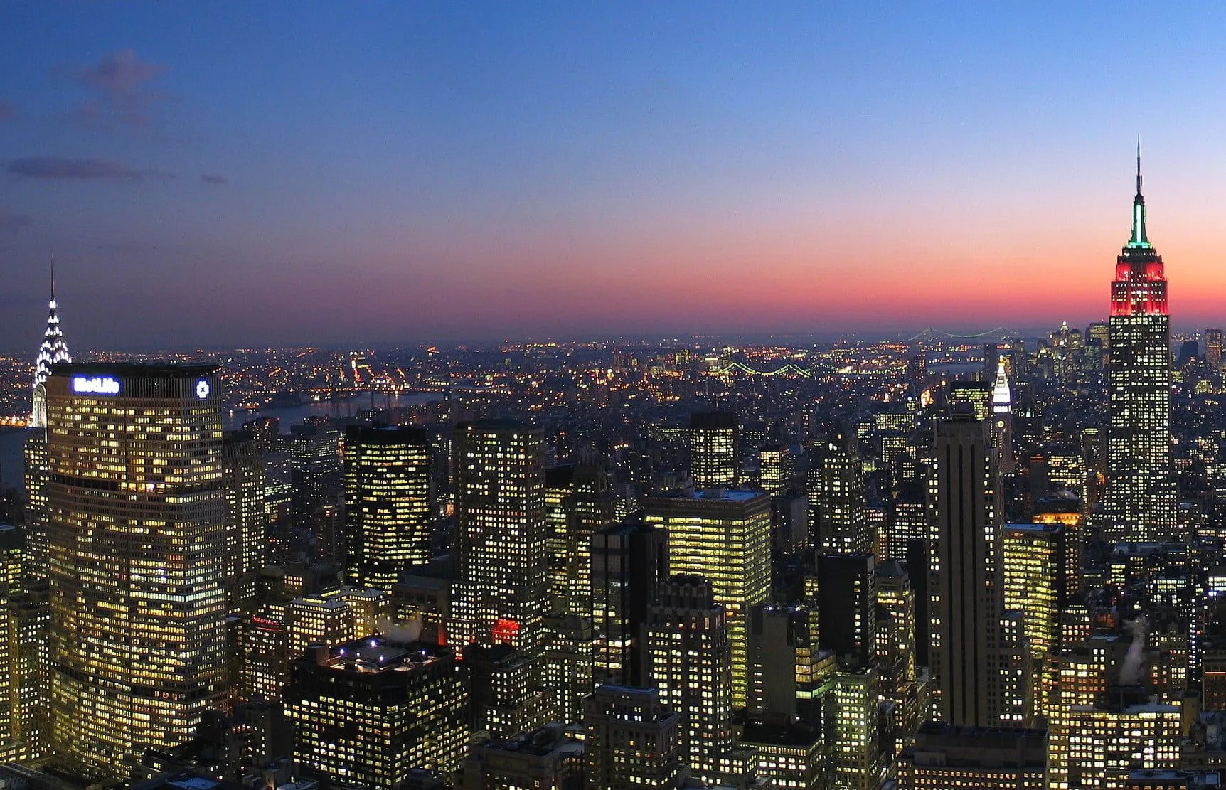 City buildings, New York City, sunset, lights, city lights HD wallpaper