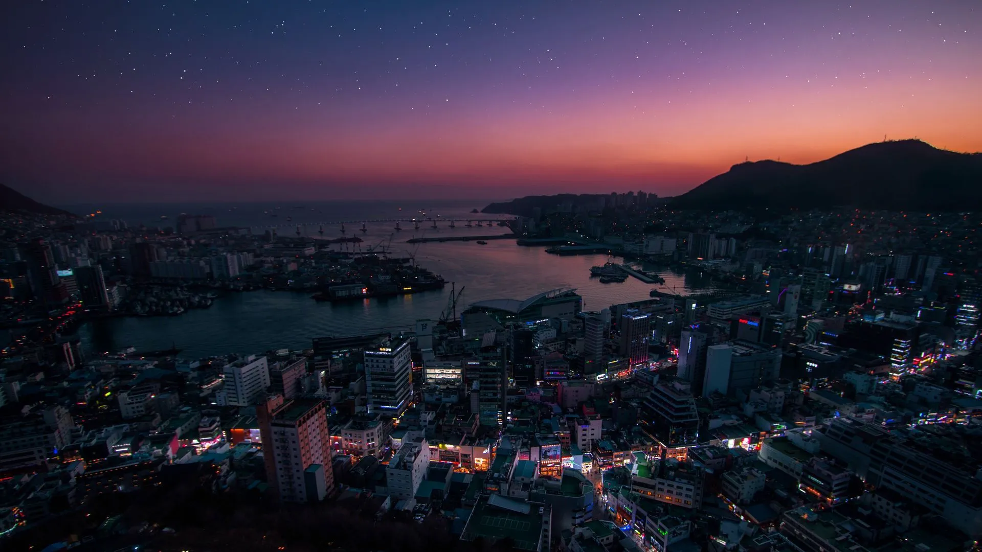 Download wallpaper 1920x1080 night city, aerial view, city lights, south korea full hd, hdtv, fhd, 1080p HD background