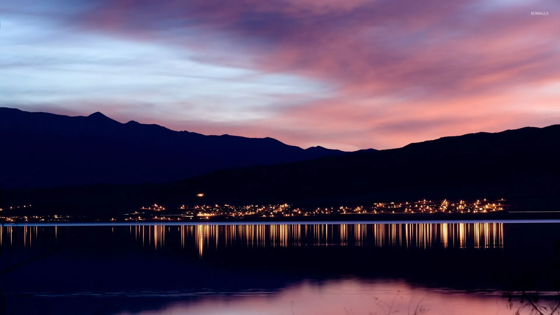 Lighted city on the lake side wallpaper wallpaper