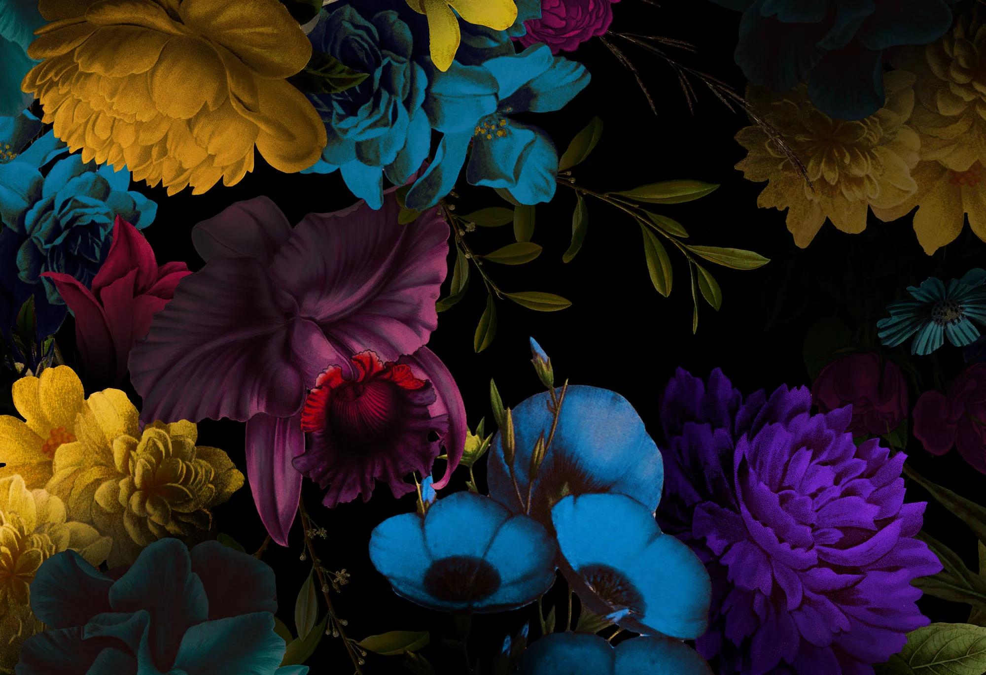 Dark Neon Floral Wallpaper Mural