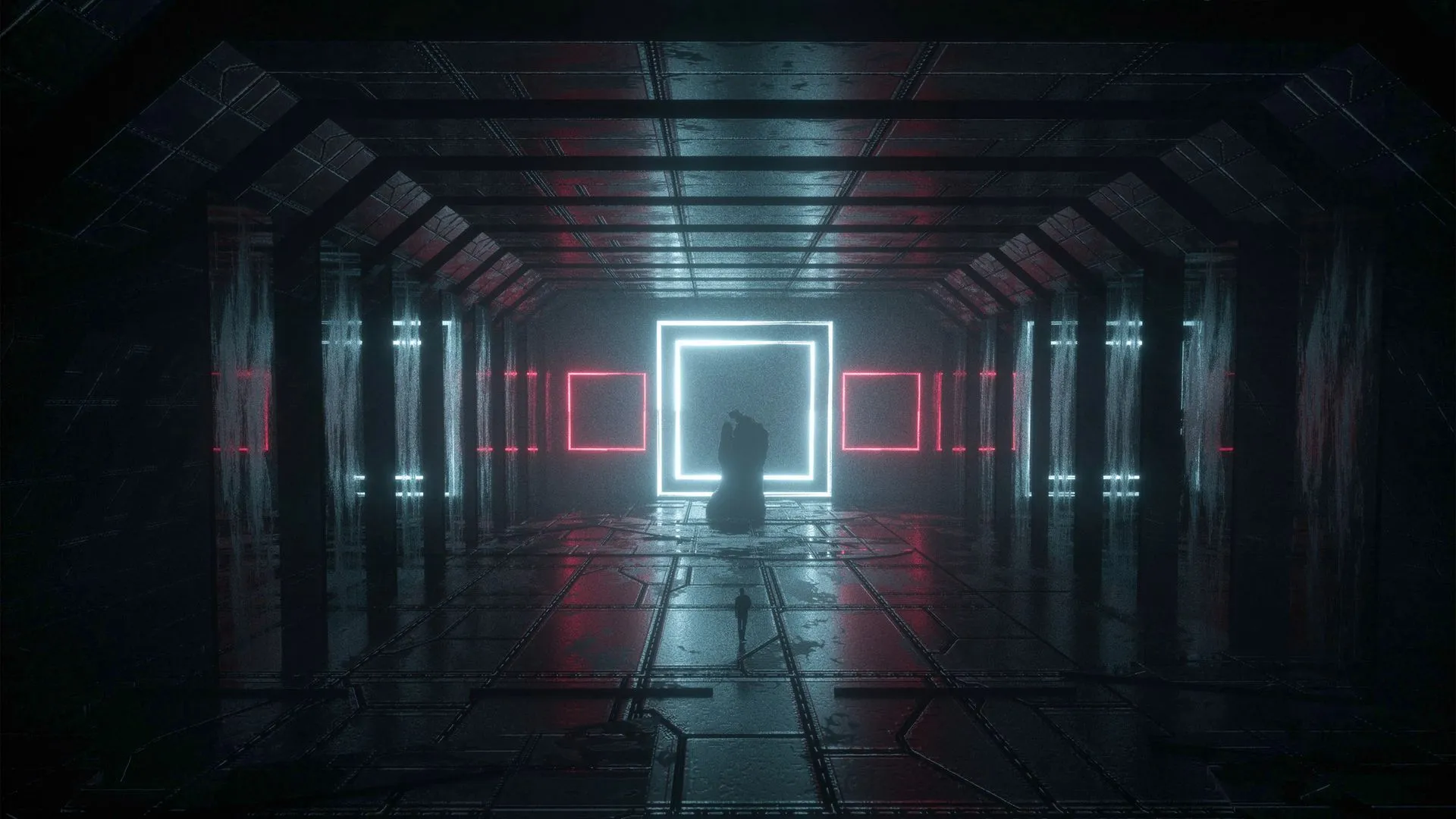 Download wallpaper 1920x1080 corridor, dark, neon, glow, light full hd, hdtv, fhd, 1080p HD background