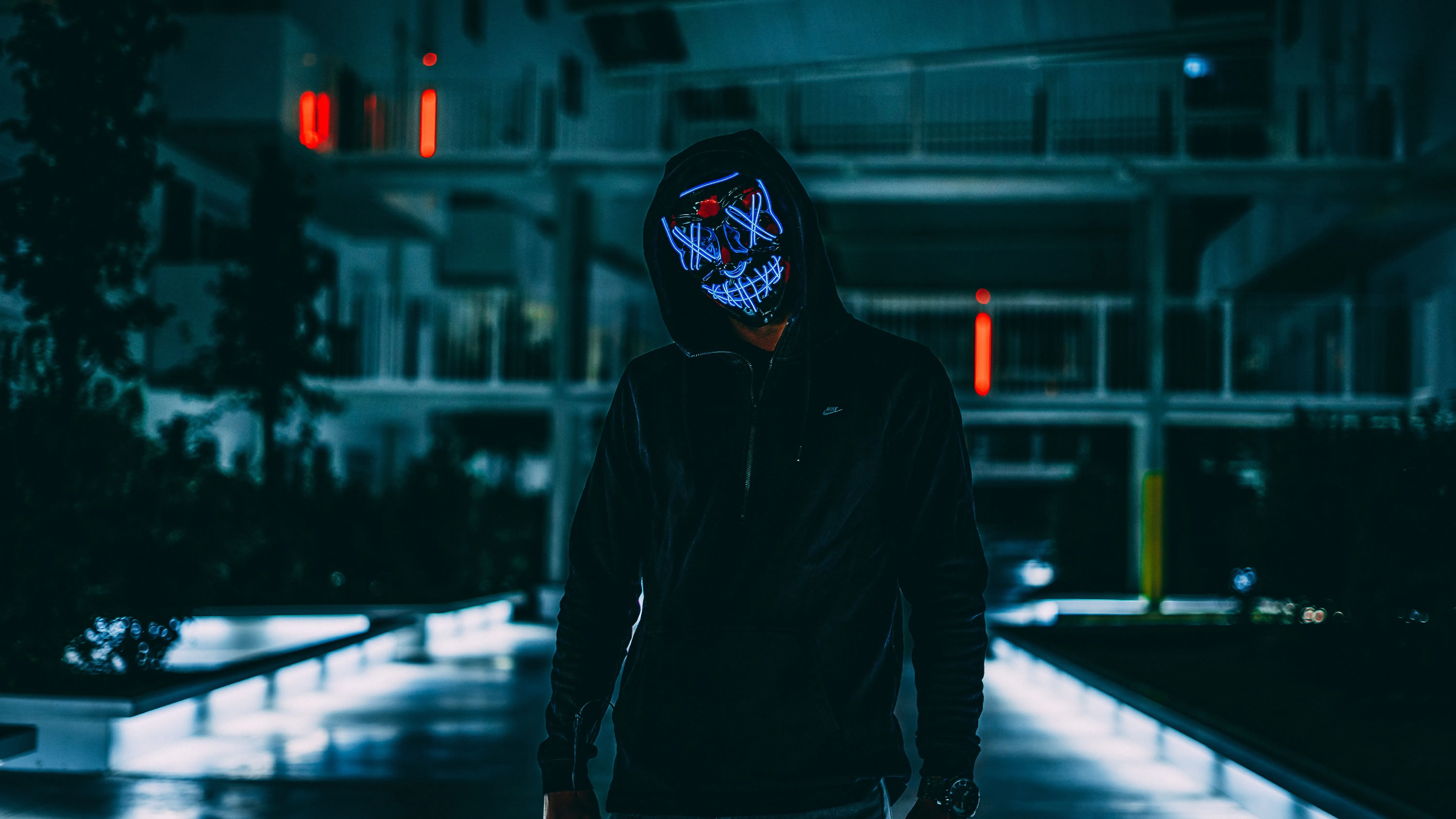 Desktop wallpaper: Anonymous, Dark, Darkness, Neon, Glow, Mask, Hood 4K free download for PC. 151829