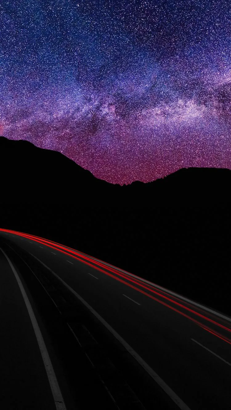 Phone wallpaper: Sci Fi, Stars, Road, Silhouette, Time Lapse, Milky Way, Mountain, Night 1256896