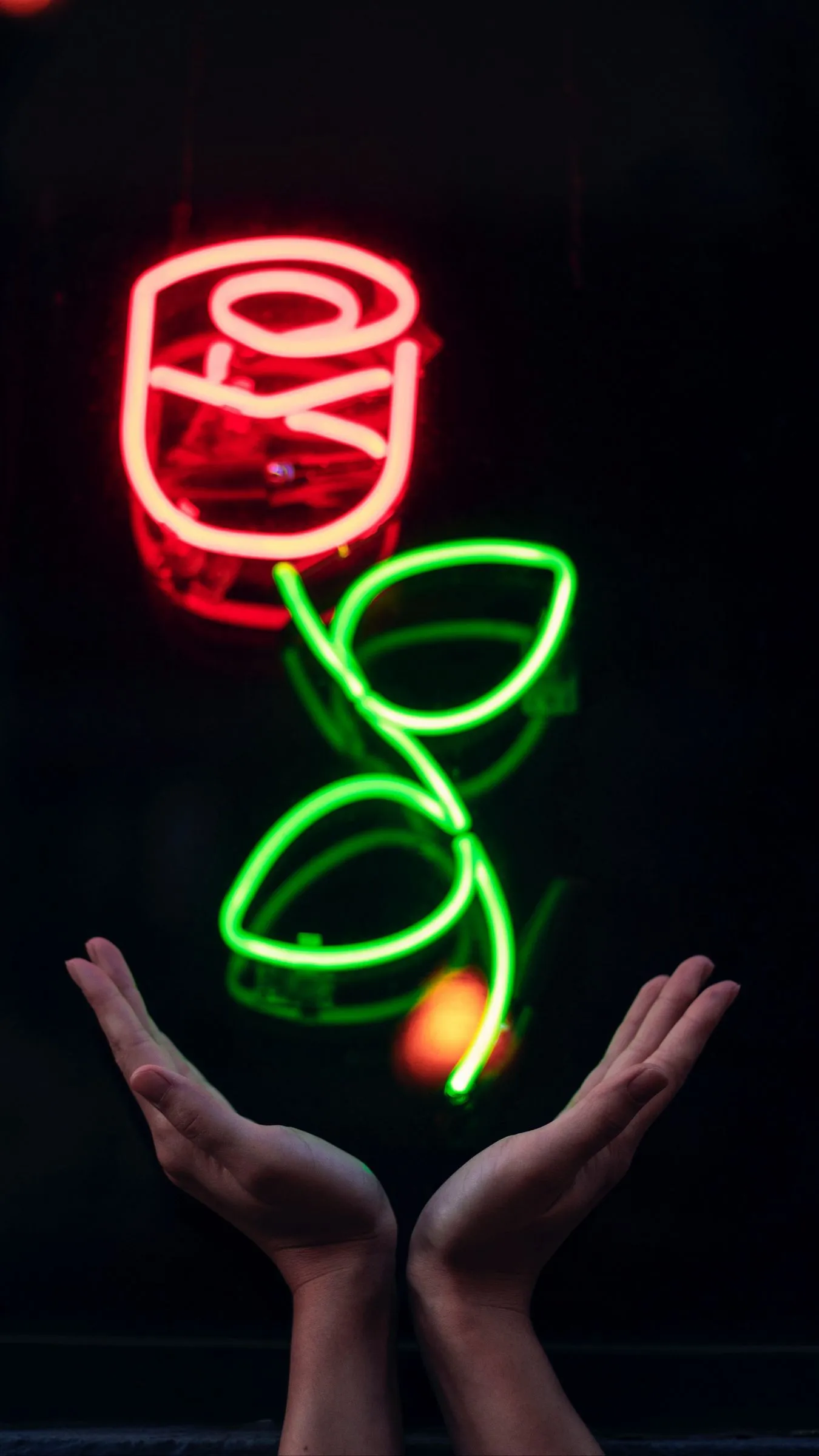 Download wallpaper 1350x2400 hands, neon, flower, signboard, glow, light iphone 8+/7+/6s+/for parallax HD background
