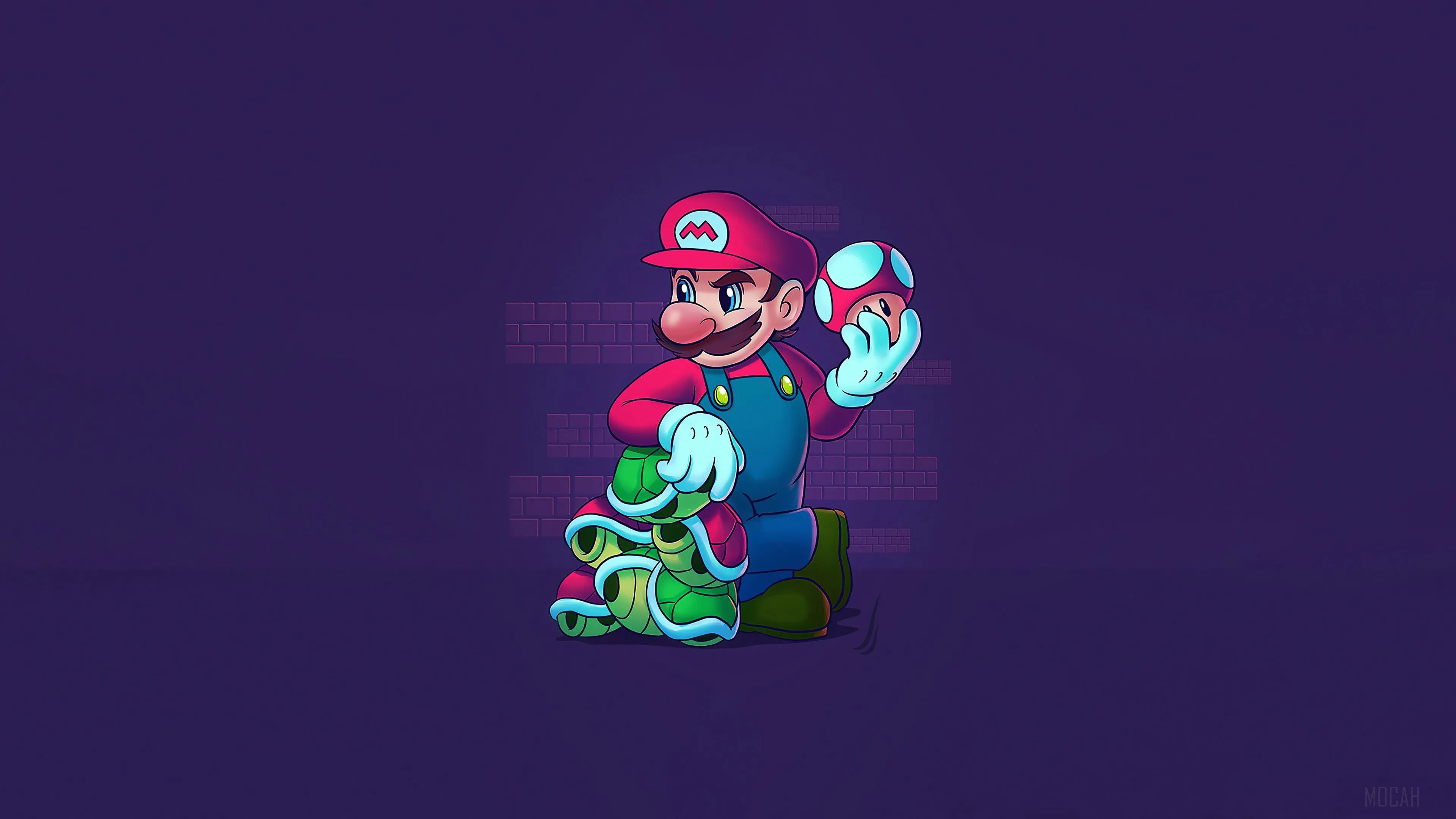 Mario From Super Mario Holding A Mushroom And Turtle Shells HD Wallpaper