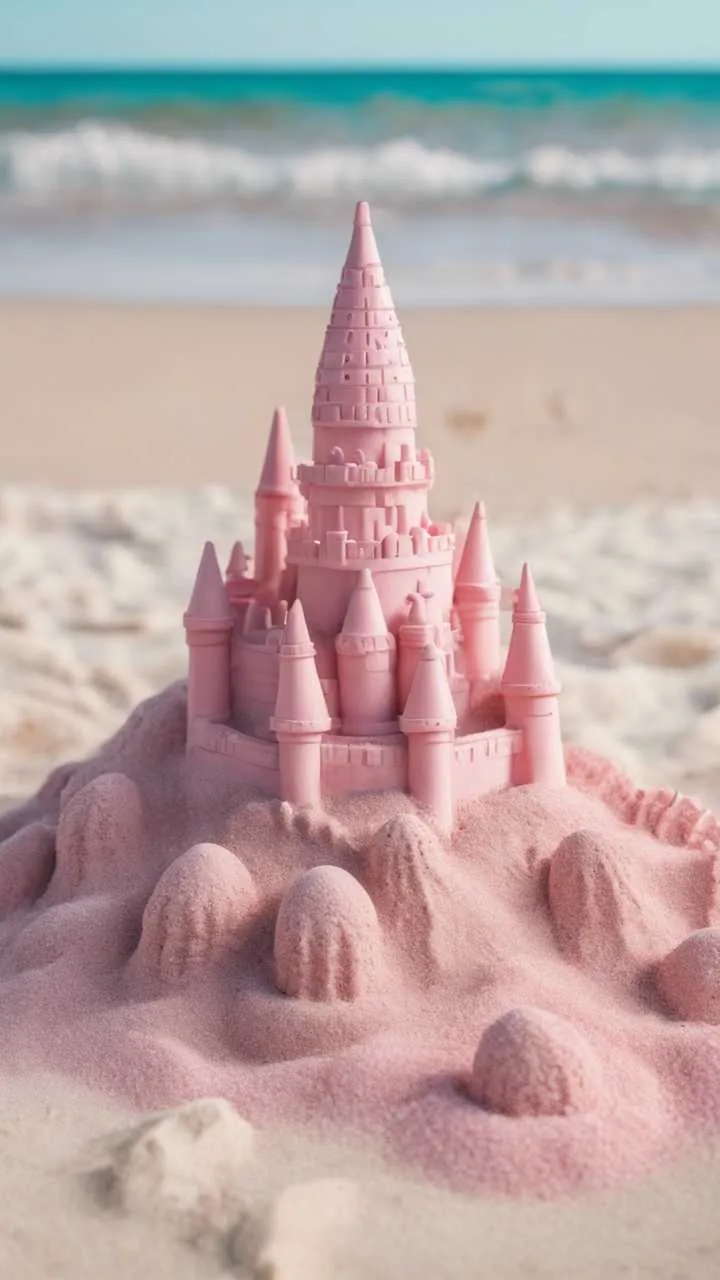 An intricate preppy pastel pink sandcastle on an idyllic beach with clear azure waters. Wallpaper [55e256d408524d5fa872]