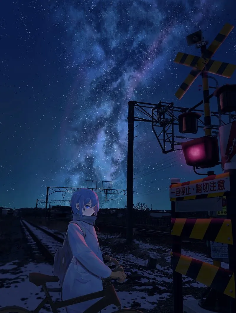 Girl, bicycle, night, stars, rails, railway, HD phone wallpaper