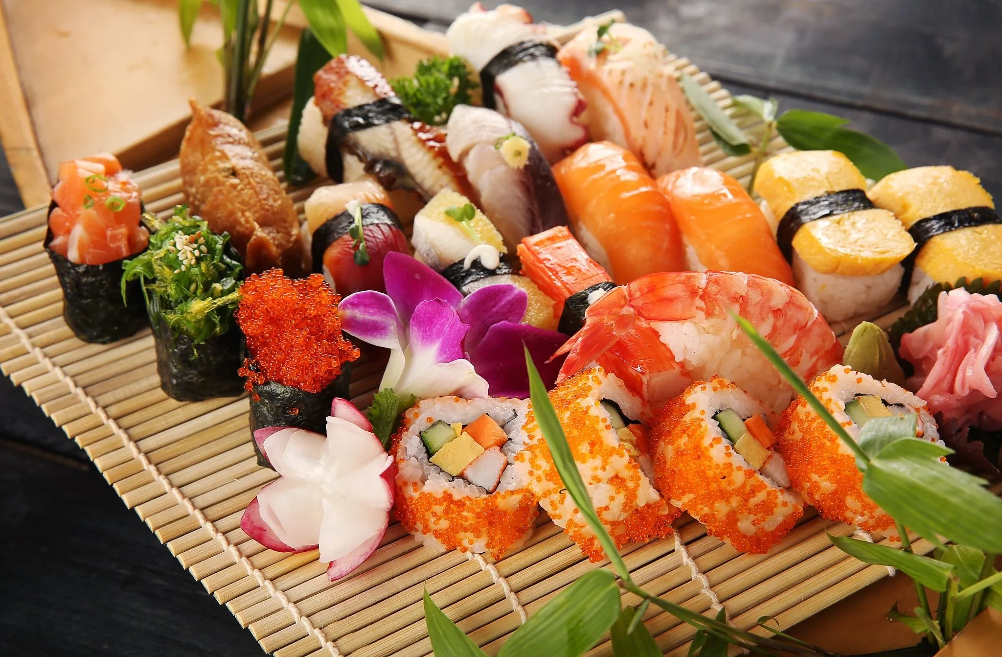 Wallpaper flowers, caviar, sushi, rol for mobile and desktop, section еда, resolution 2048x1342