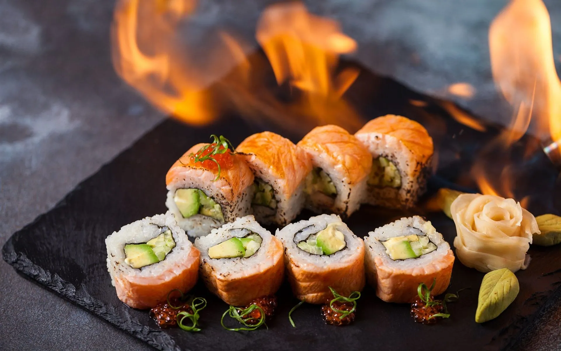 Wallpaper Sushi, rolls, caviar, fire, Japanese food 1920x1200 Picture, Image
