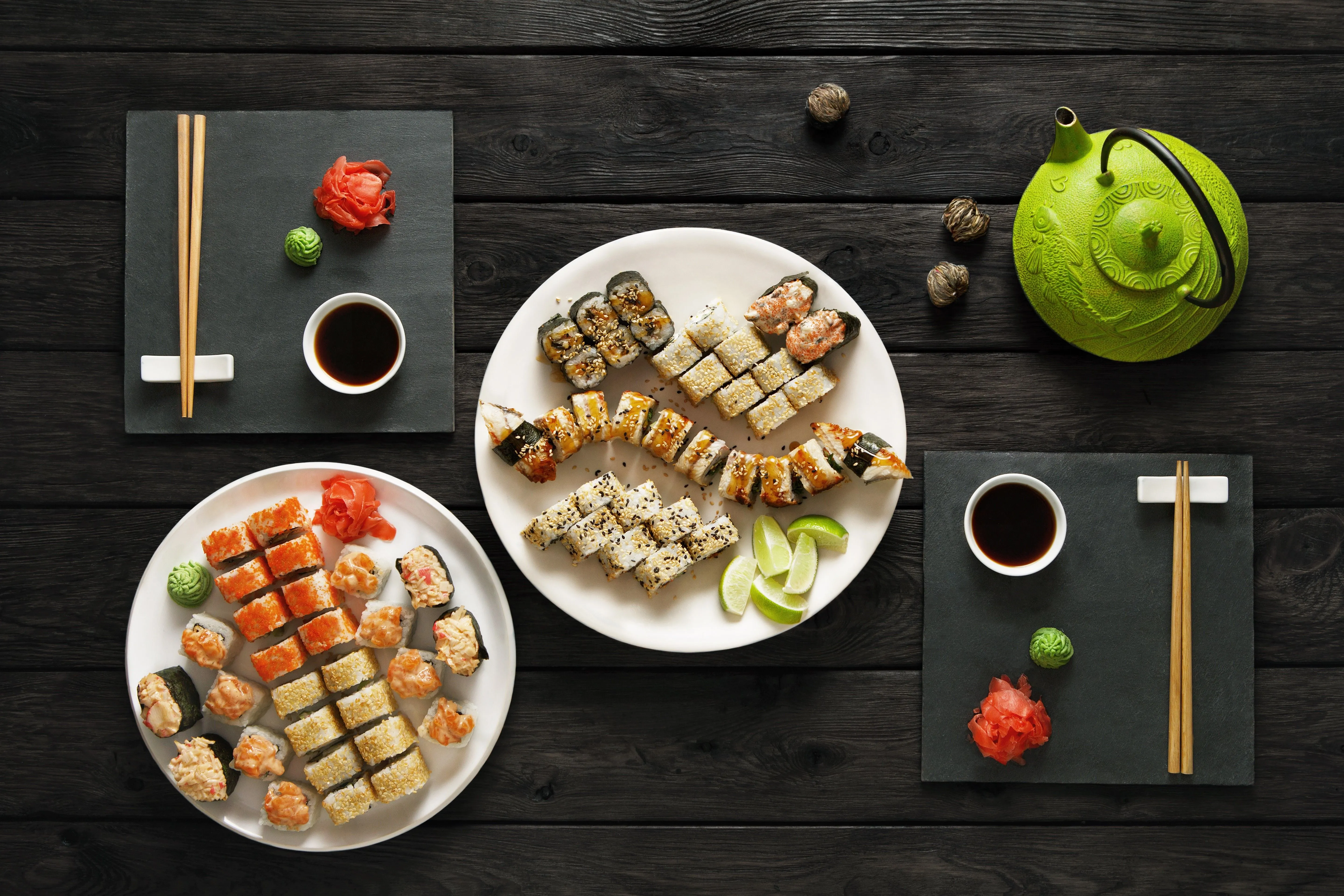 4K, 5K, Sushi, Plate, Chopsticks, Soy Sauce, HD Wallpaper