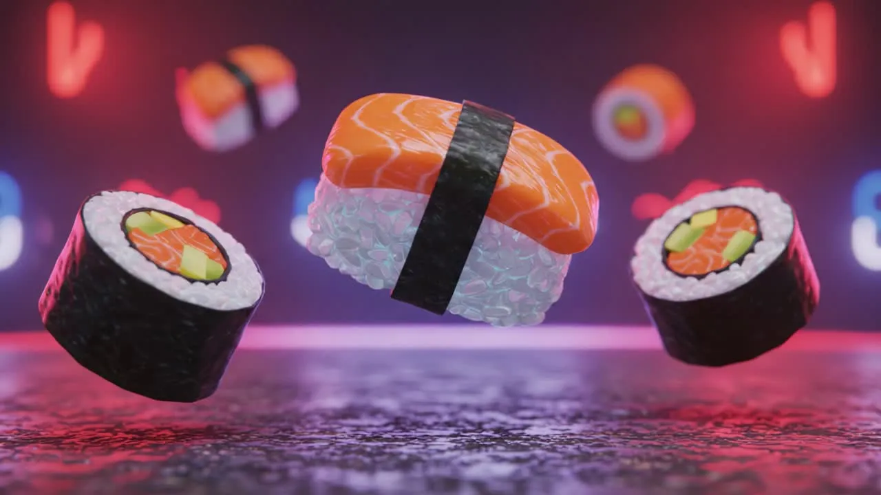 Sushi set on white background rolls and sushi sashimi and soup soy souce