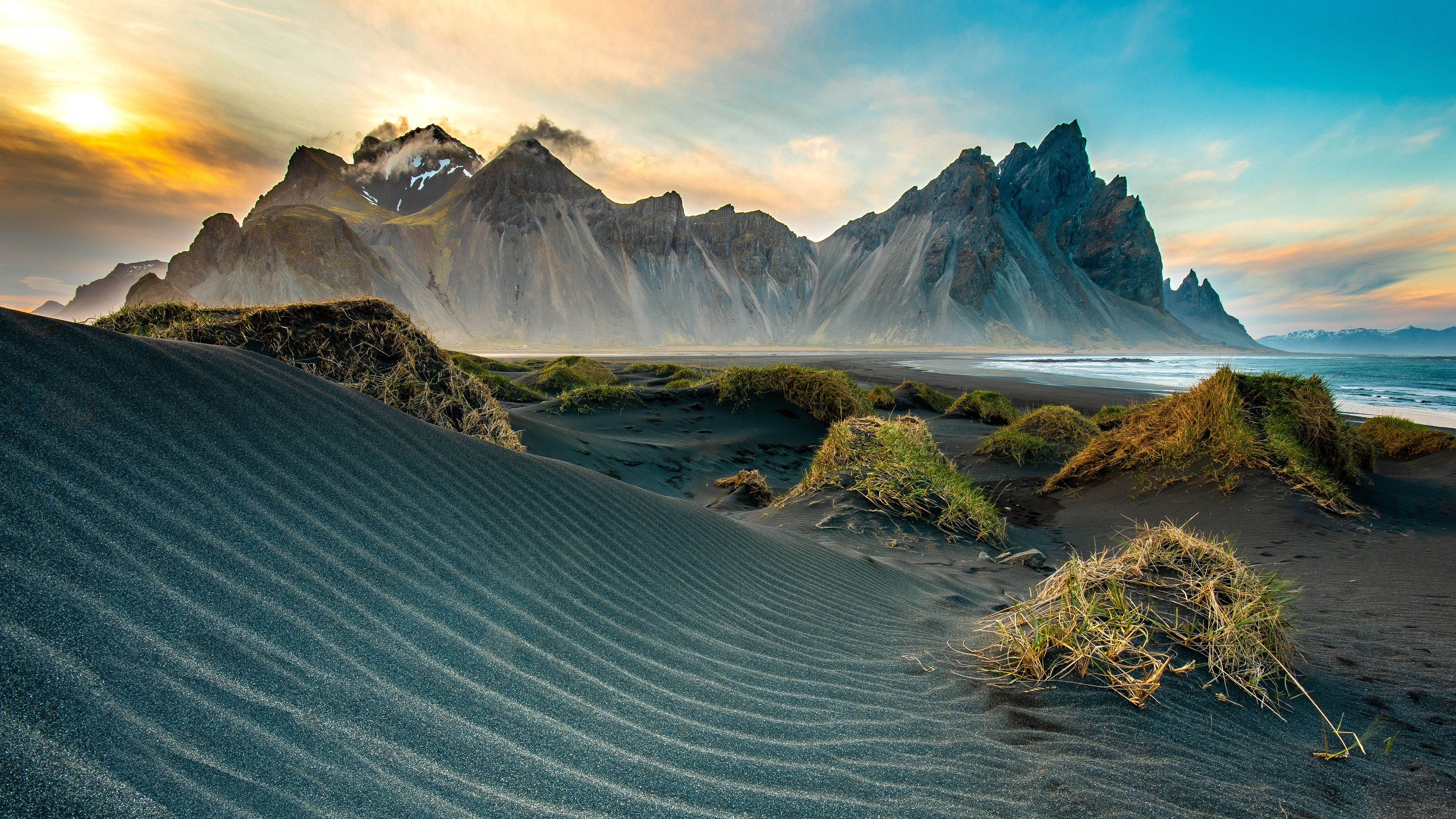 Desktop wallpaper: Iceland, Sand, Mountains, Earth, Vestrahorn, Nature 4K free download for PC. 467314