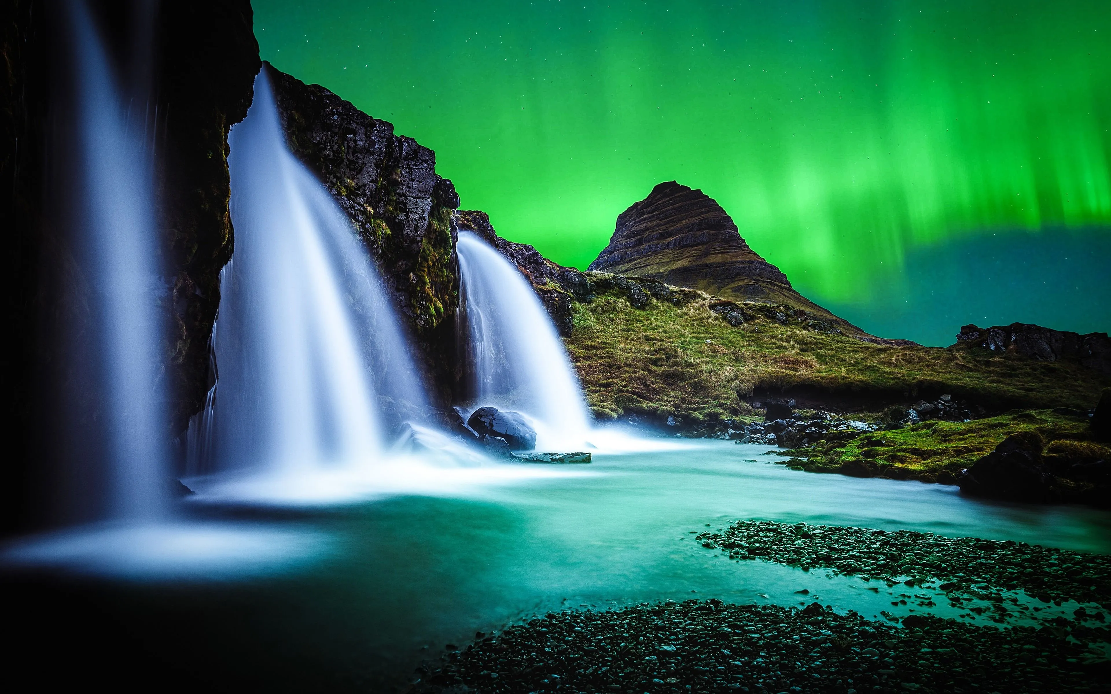 Iceland waterfall river night aurora 4K Ultra HD